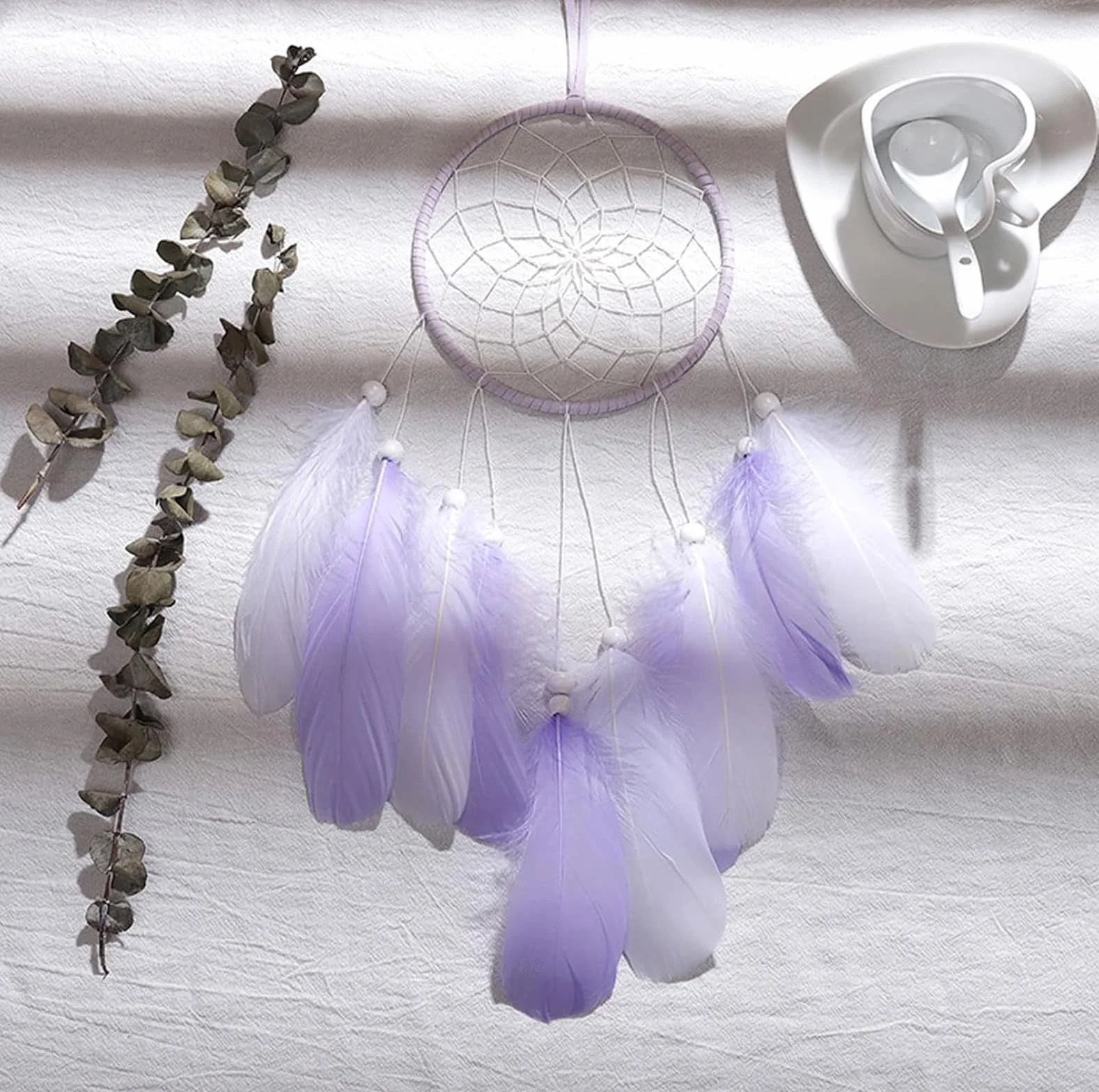 HDDH - Atrapasueños con Plumas a Mano, Adorno Boho Dream Catcher para Dormitorio, hogar, decoración de Pared móvil, decoración Decorativa para niñas, niños, Regalo (Blanco)