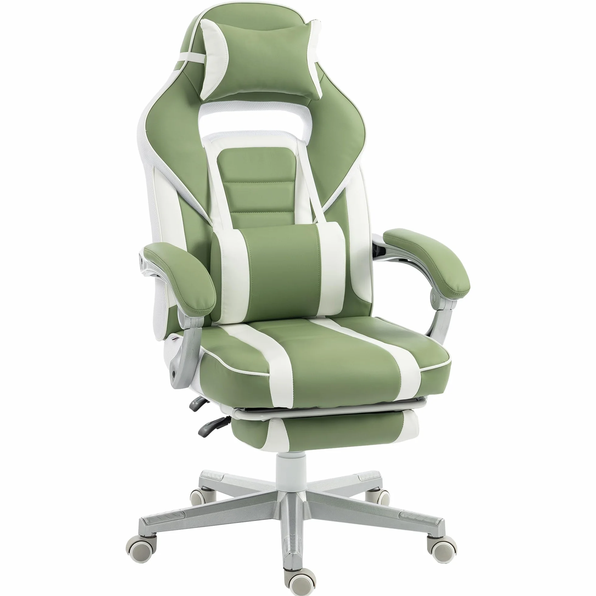 HOMCOM Silla Gaming Reclinable Altura Ajustable Reposapiés Retráctil Soporte Lumbar Reposacabezas Desmontable Verde