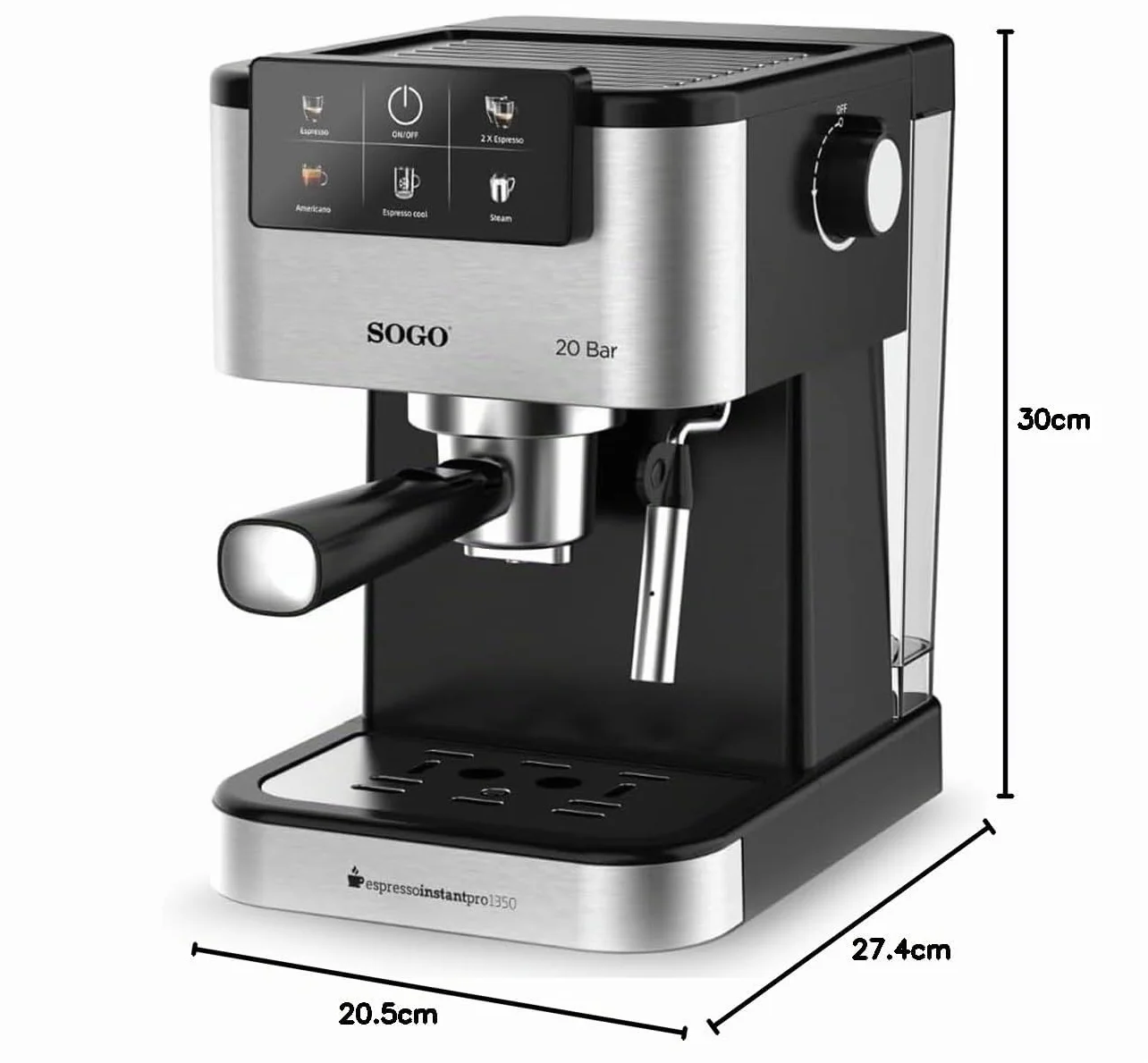 SOGO Máquina de Café Espresso 20 Bar con Pantalla Digital y Vaporizador de Leche – Cafetera para Café Molido y Cápsulas – Cafetera con Espuma Cremosa y Calentamiento Rápido – Limpieza Fácil