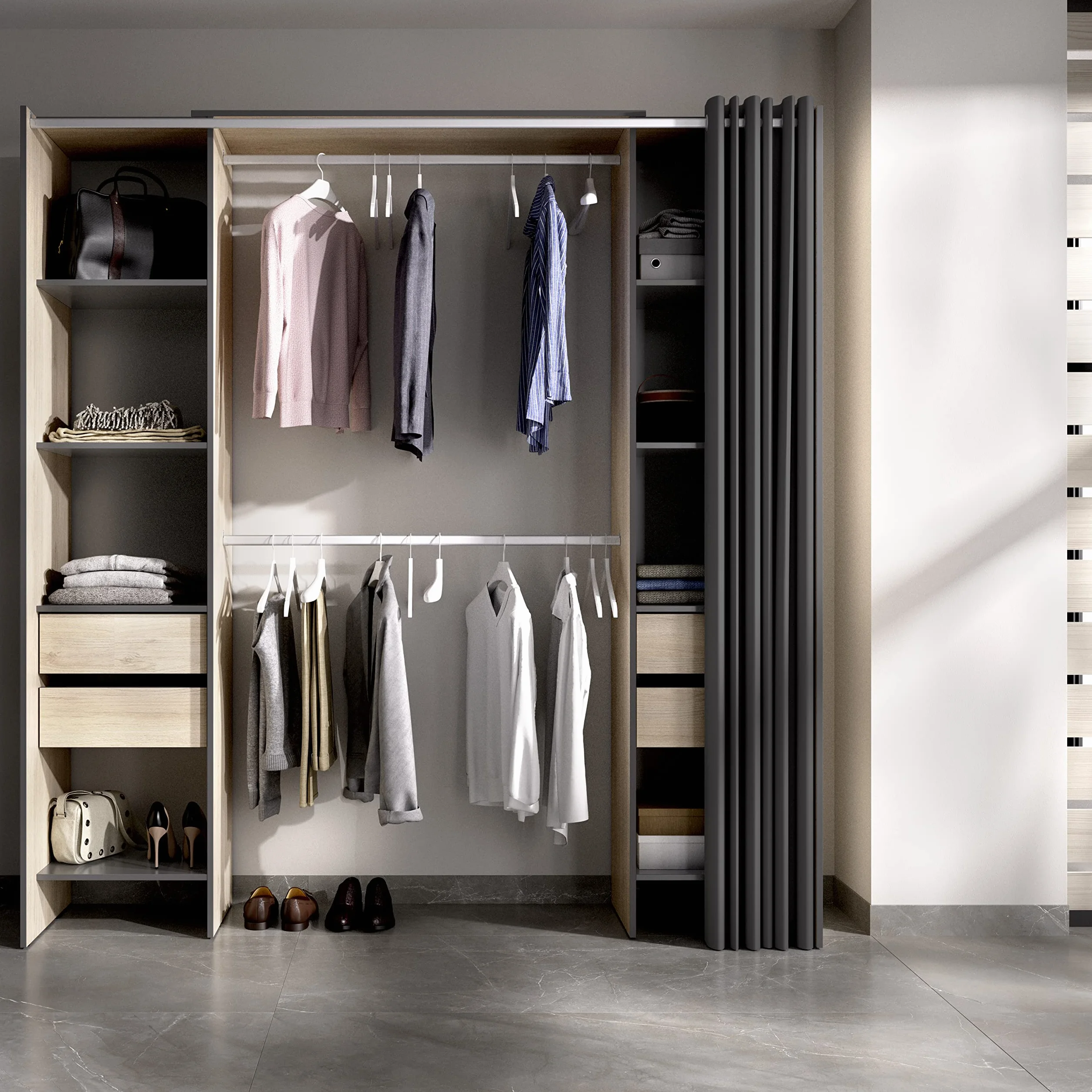 DEKIT GRUPO RIMOBEL SUIT - Vestidor con estantes y curato cajones con cortina - Natural / Grafito - 205 X 50 X 177,5 cm