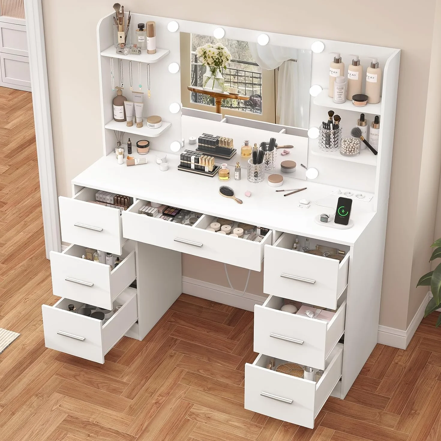 TEENFON Tocador de Maquillaje con Luces LED Regulables, Mesa de Maquillaje con Espejo, 7 Cajones, Blanco