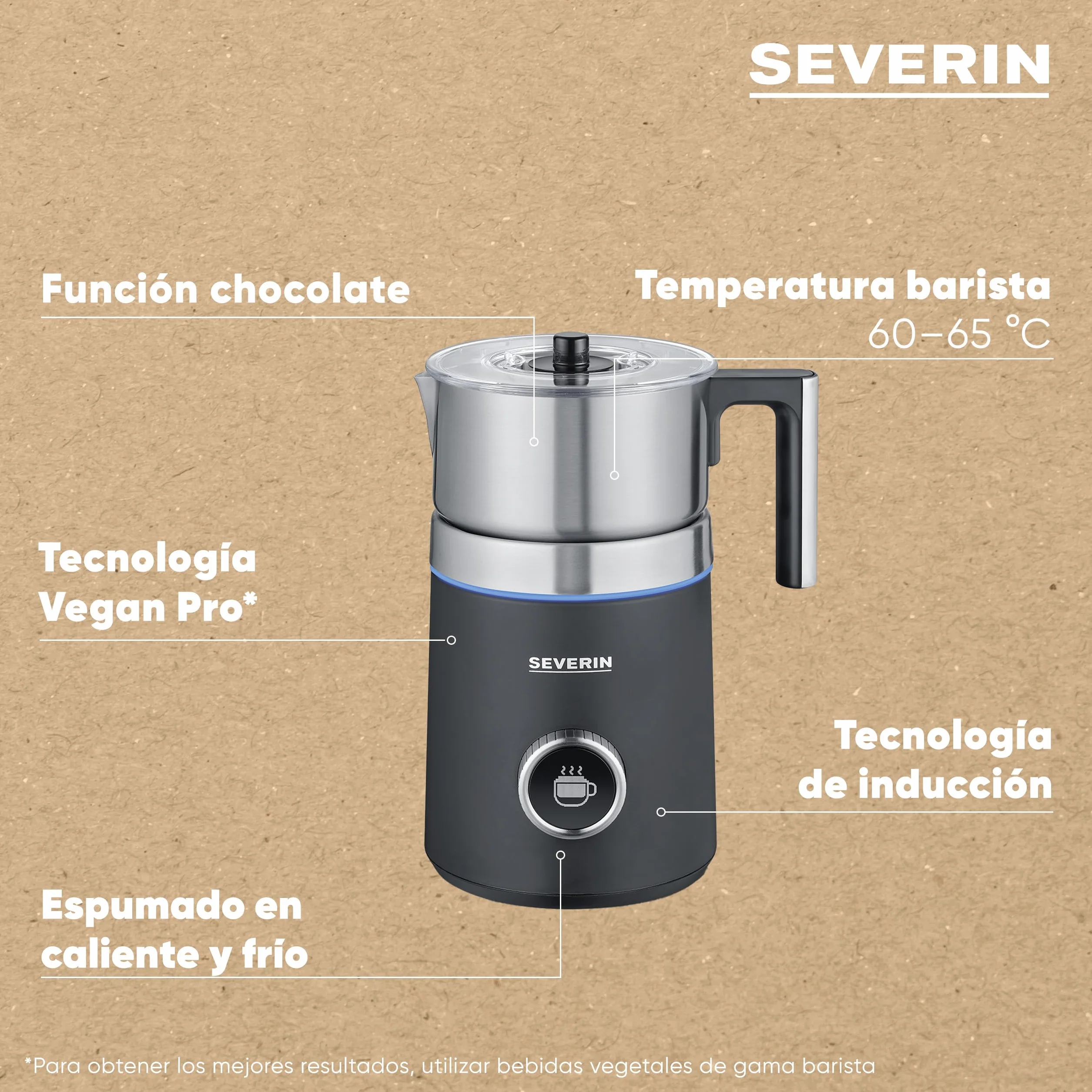 SEVERIN Espumador de leche por inducción Spuma 700 Plus, espumador eléctrico apto para el lavavajillas, bote espumador, acero inoxidable cepillado/negro mate, SM 3587