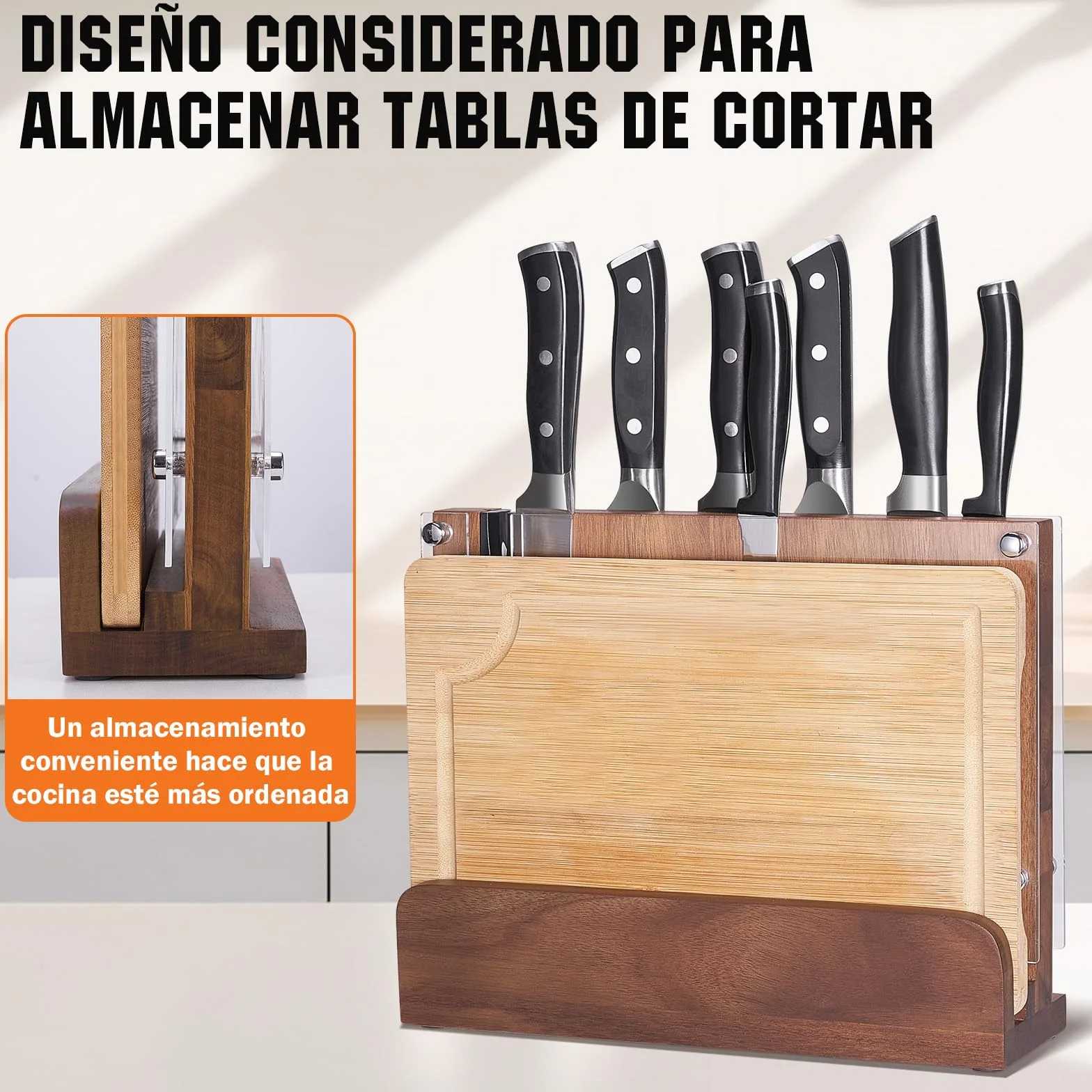 ENOKING Porta Cuchillos Magnético con Afilador, Soporte Doble Lado con Escudo Acrílico, Organizador de Madera de Acacia
