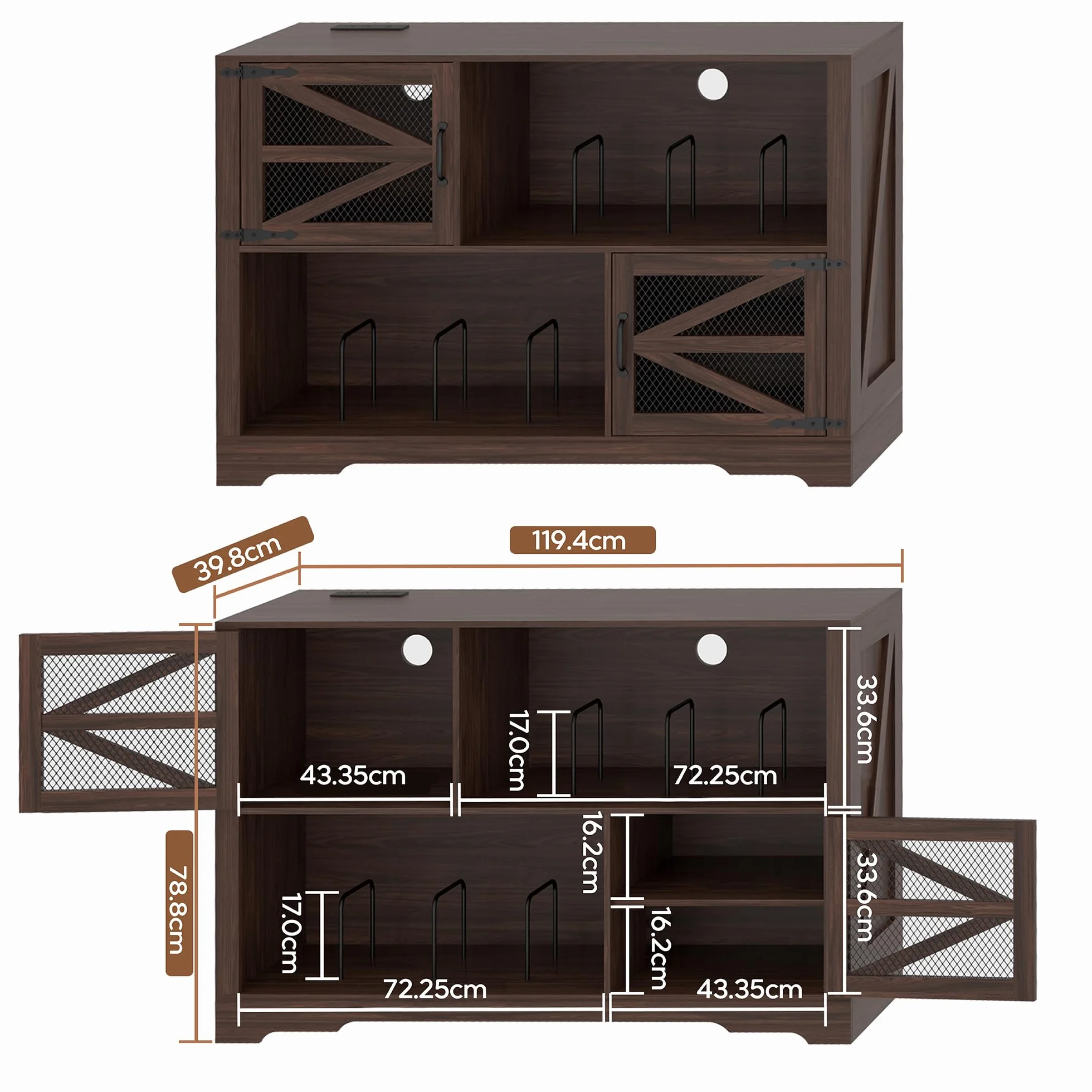 MDF Mueble para Discos de Vinilo con Acabado Nogal,Soporte para 500+ Vinilos, 2 Enchufes & 2 USB, Antivuelco, Mueble Compacto para Salón y Tocadiscos,Color Nogal（120×40×80cm）