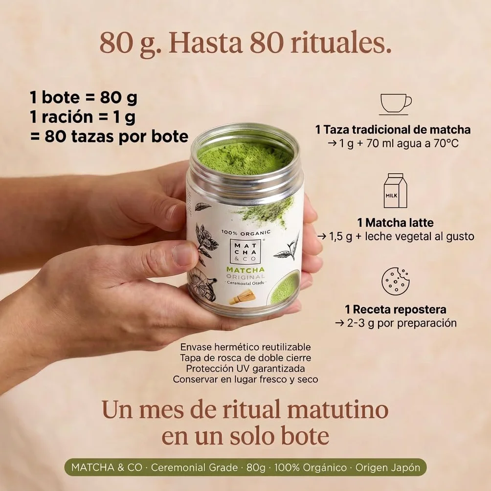 Matcha & CO Té Matcha Original 100% Ecológico Grado Ceremonial en Polvo Orgánico de Japón 80G
