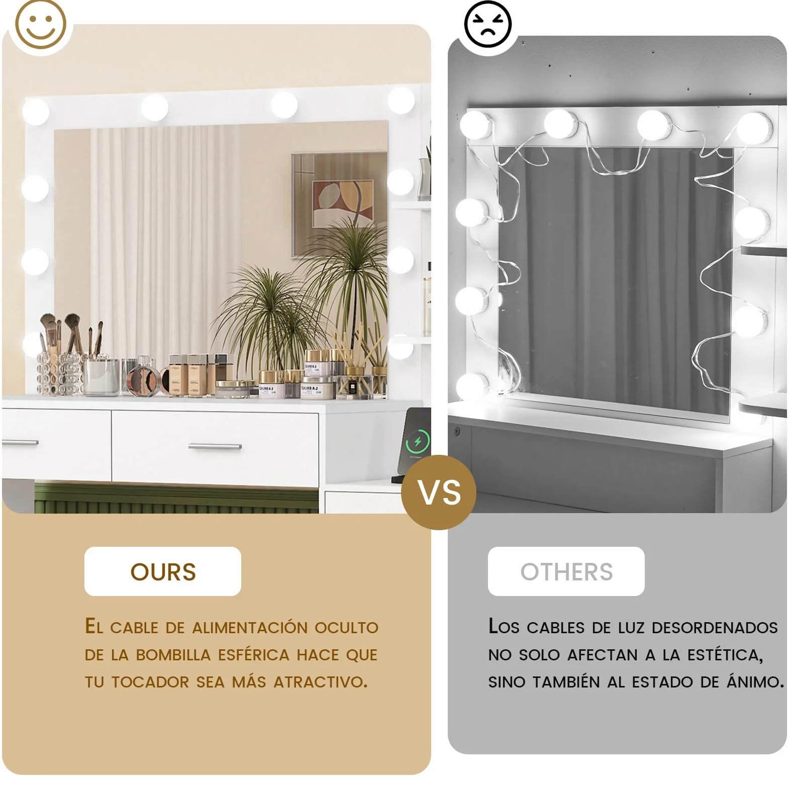 FIONESO 110cm Tocador de Maquillaje con Espejo Grande y Luces LED, Mesa de Maquillaje con 5 Cajones, 2 Estantes Abiertos, para Niñas, Blanco