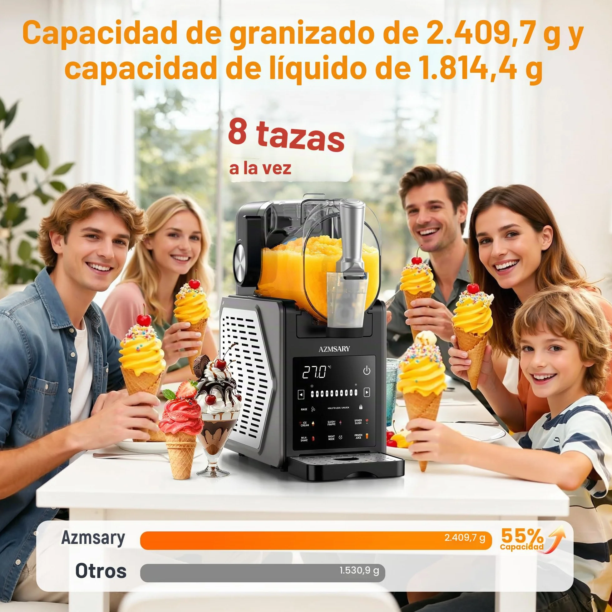Máquina de granizado – Fácil de usar con un botón 2,5 L Slushie Maker, no requiere hielo, con pantalla LED, 6 programas automáticos para margaritas, frappés, batidos