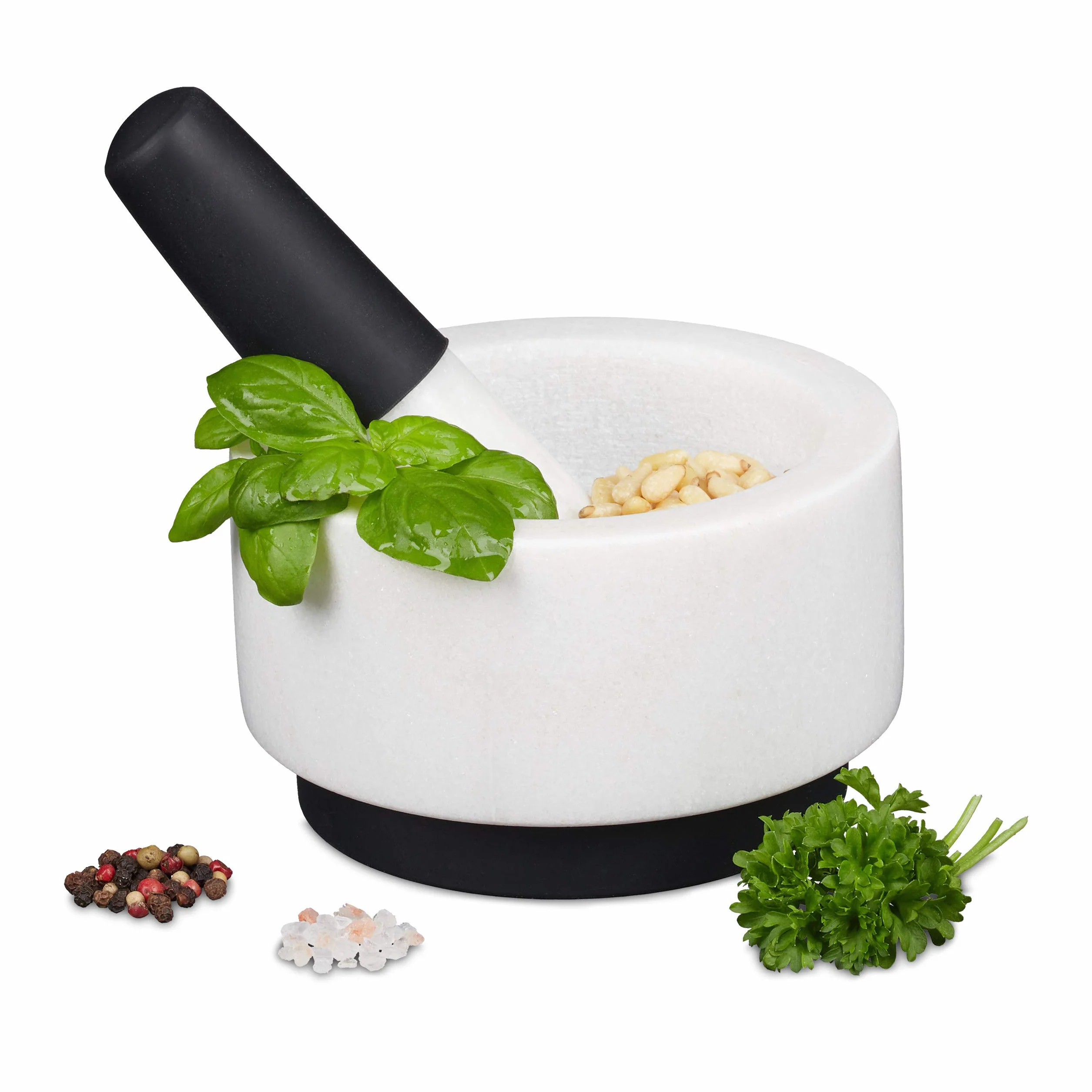 Relaxdays Mortero con Mano, Mármol, Silicona, Duradero, Macizo, Especias y Hierbas, Moledor Piedra, 14 cm Ø, Blanco