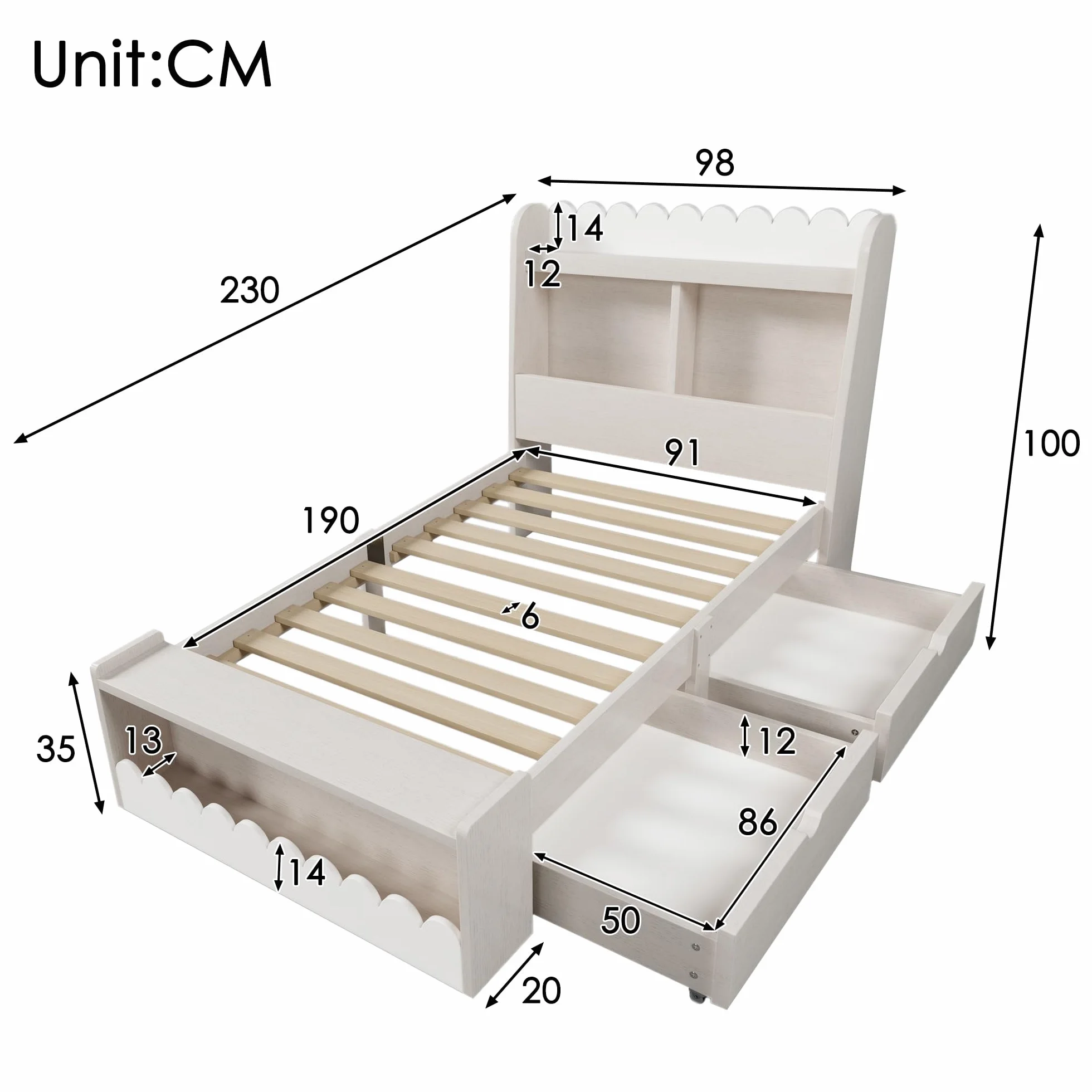 Cama individual de 90 x 190 cm, con cajones, estantería y banco con almacenamiento, cama de madera, marco de cama y somier de madera, color blanco con color roble (sin colchón)