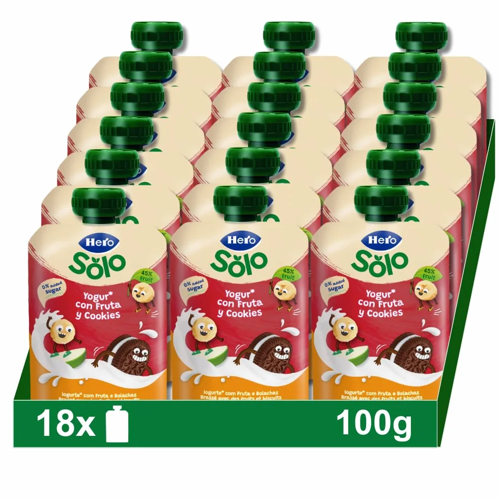Hero Solo Mi Merienda Bolsitas de Yogurín Griego con Zumos de Fruta y Cookies 18 x 100 g