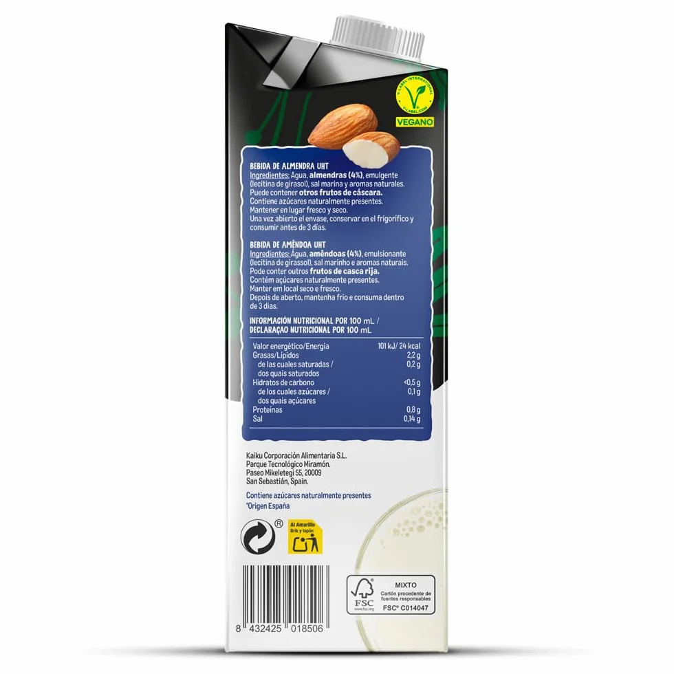 KAIKU BEGETAL Bebida de Almendra Pack 6 x 1 L, 100% Vegetal, Sin Azúcares Añadidos, Vegana y Sin Gluten