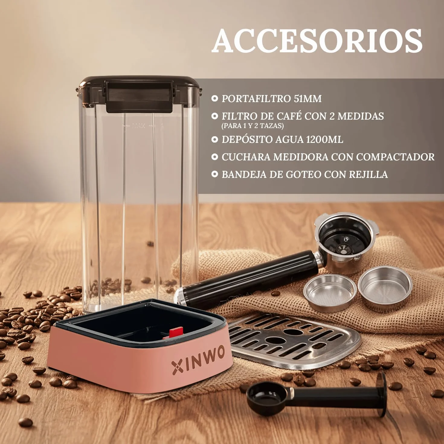 Cafetera Hanoi - Cafetera Express para Espresso y Cappuccino, 1350W, 20 Bares, Vaporizador, Brazo Portafiltros con Doble salida y 2 Filtros, Depósito Agua 1.2L, Calientatazas, Accesorios - Moca