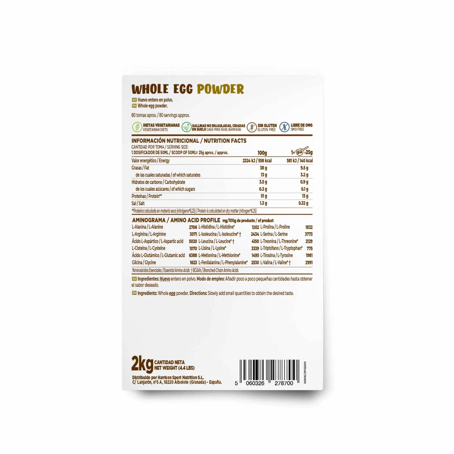 Huevo Entero en Polvo HSN 2 Kg Proteína 100% Pura de Huevos de Gallinas de Suelo no Enjauladas No-GMO Sin Gluten