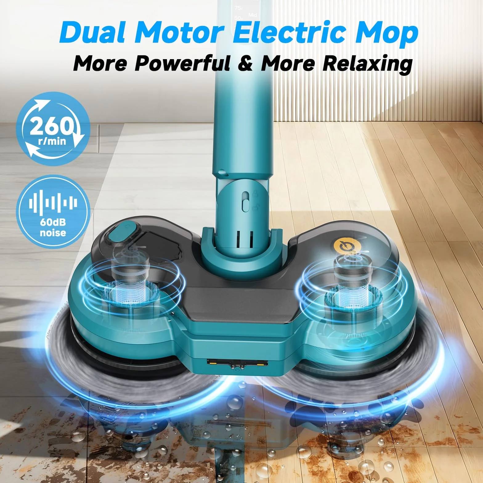 Mopa Eléctrica Inalámbrica con 2 Baterías de 2000 mAh, Mopa Electrica para Suelos con Rociador de Agua/Luz Frontal LED/Pantalla Inteligente,Pulidora de Suelos con Depósito de 300ML para Múltiples