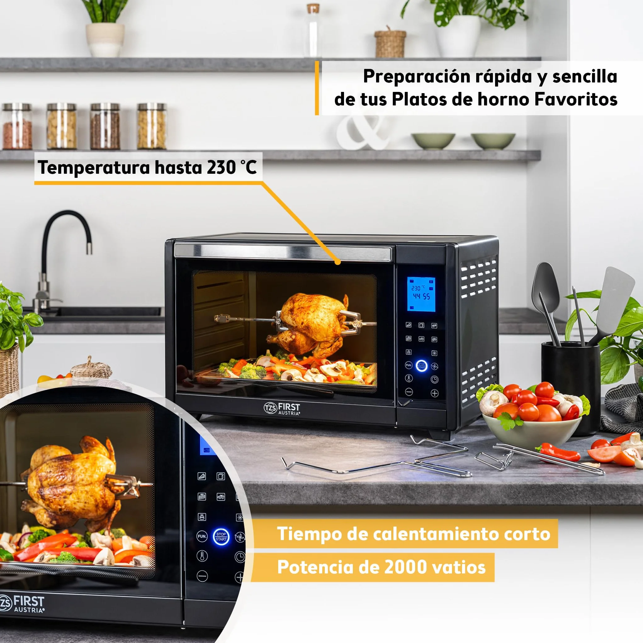 TZS First Austria Mini Horno 45L 2000W con Premium-X Coating – Minihorno Digital hasta 230°C & 4 Alturas – Temporizador de 180 Min & 8 Modos – Incl. Asador Giratorio – Para cocinas pequeñas & camping