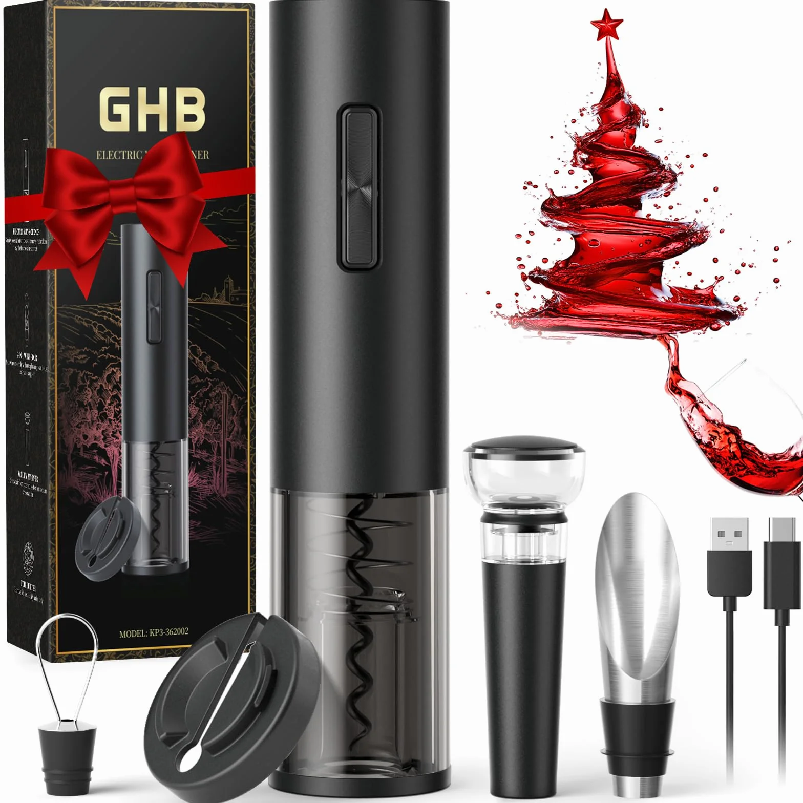GHB Sacacorchos Eléctrico 6 en 1 Abridor de Botellas Recargable con Cortador de Papel, Vertedor, Tapón de Vacío, Aerator, Anillo de Vino, Cable USB