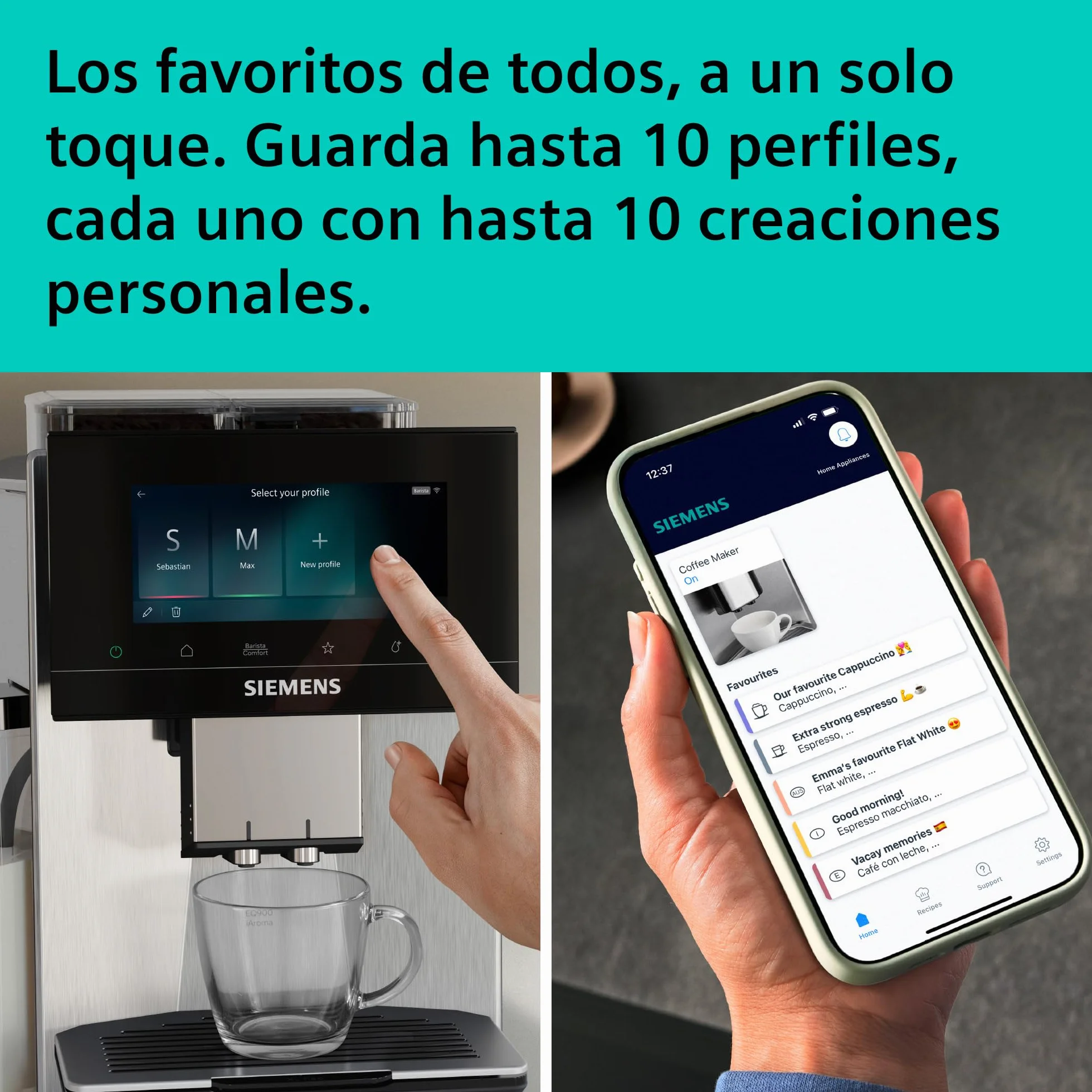 SIEMENS, cafetera superautomática, EQ900 iAroma, sabores personalizados, molienda precisa, pantalla grande para uso intuitivo, dos depósitos para granos diferentes, inox, TQ927E03