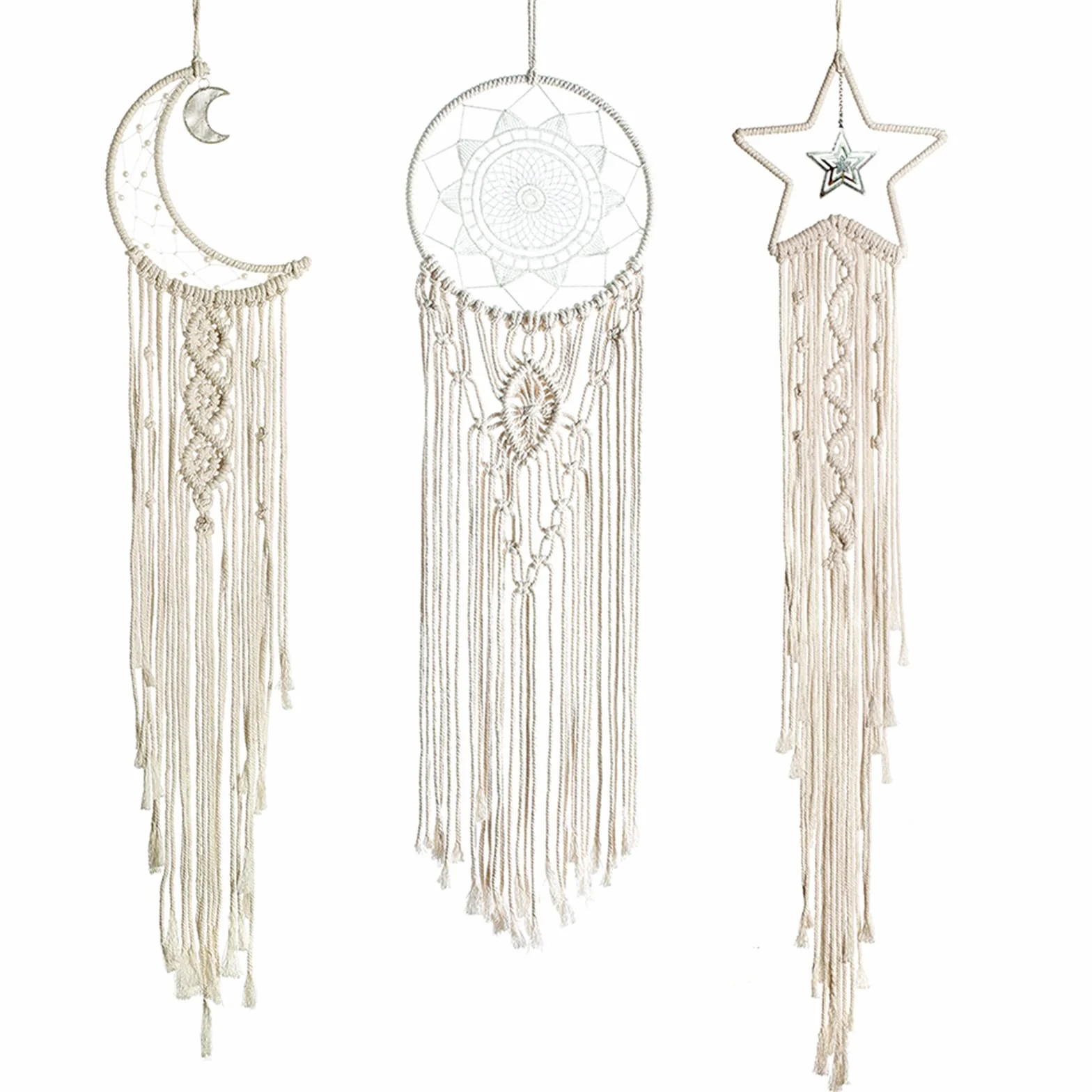 3 Piezas Atrapasueños Macramé Colgante Pared Boho Dream Catcher Sol Luna Estrella Tapiz Tejido Bohemio Elegante Decoración Arte Pared para del Hogar Niñas Regalo