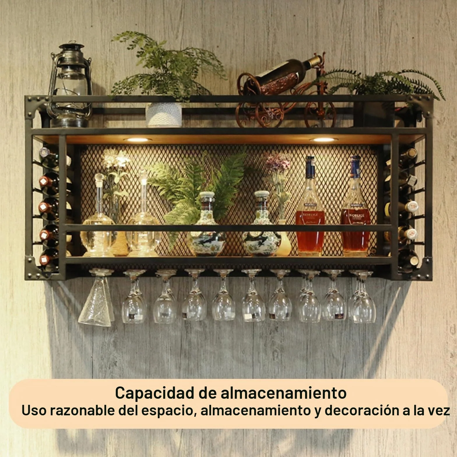 Estante de Techo, botellero Colgante de Gran Capacidad, se Puede Colgar o Montar en la Pared, botellero Simple con luz, Adecuado para Bares, restaurantes (80 * 30 * 55+40cm)