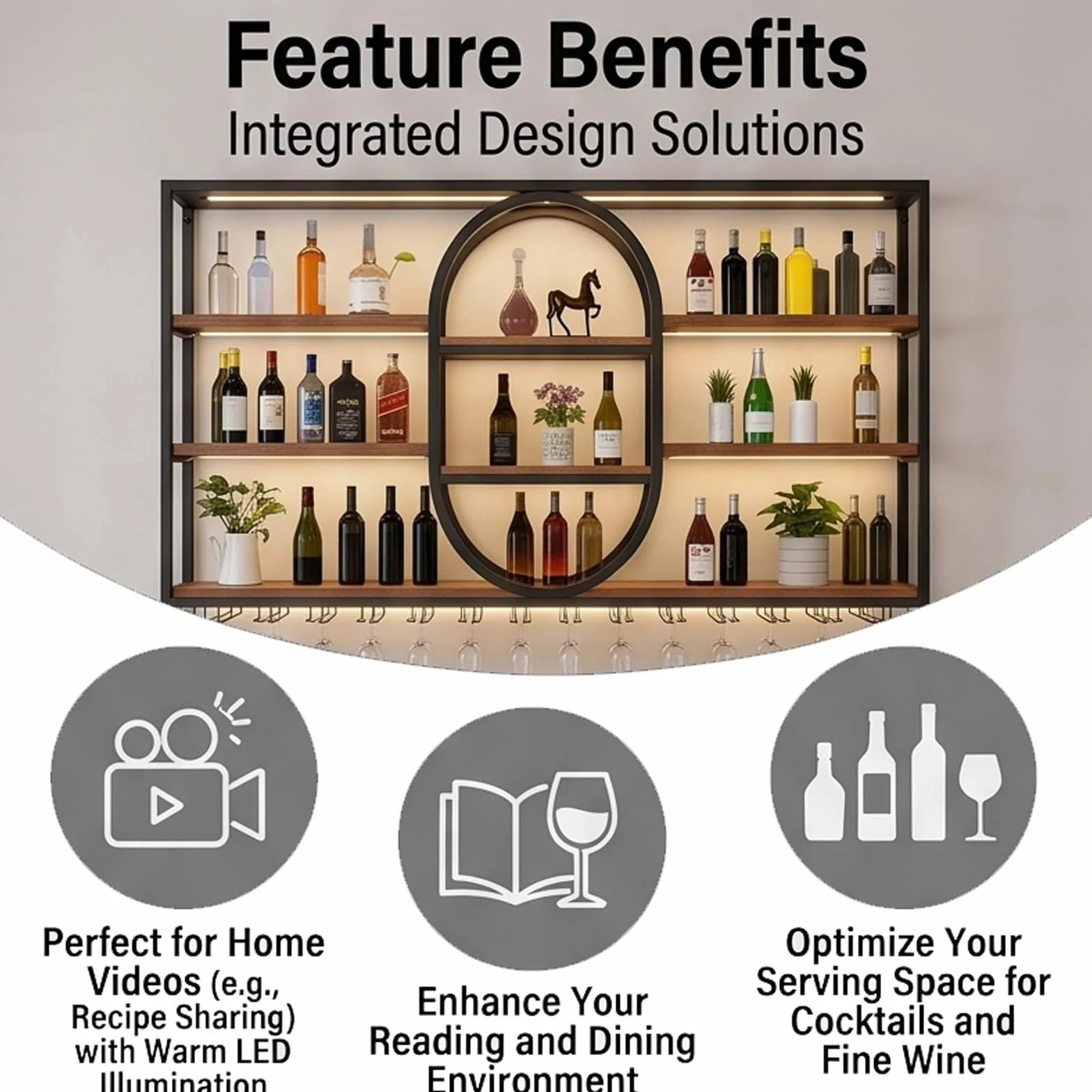 Botellero de Pared de Metal de Gran Capacidad, Estante para Vino de Pared Ovalado Moderno, Soporte para Copas y Botellas, Metal para Vino Industrial, 120-180cm, Negro/Dorado (nero, 140*20*120cm)