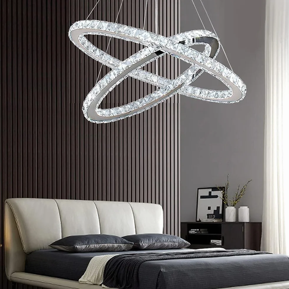 Finktonglan Candeliers de cristal Luz de colgante ovalado Moderno 2 anillos LED Forma ajustable, lámparas de iluminación colgante de 60 cm para dormitorio de comedor (6500k blanco)