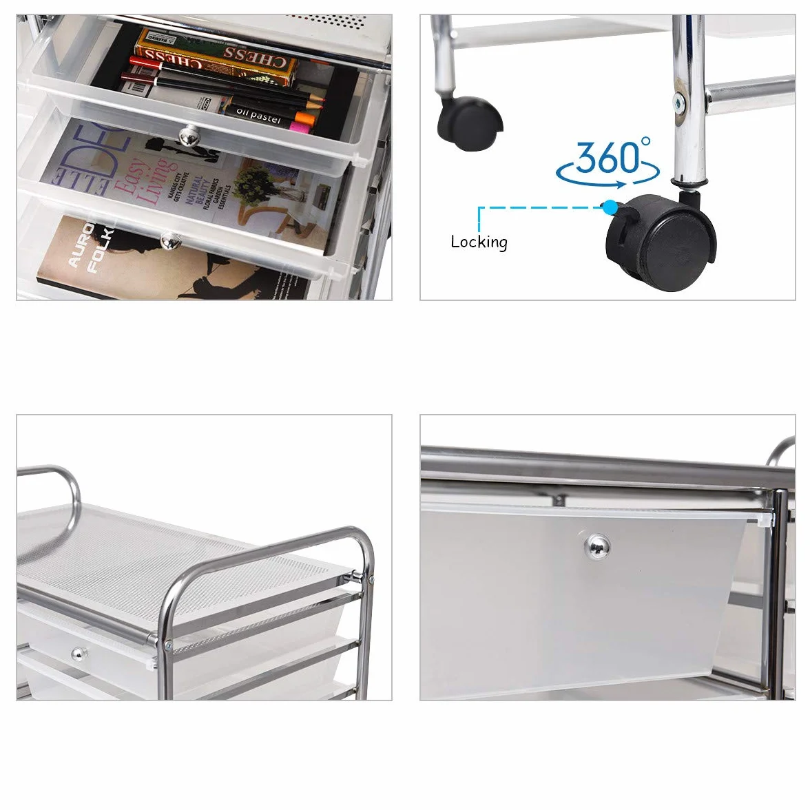 RELAX4LIFE Carrito de Almacenamiento con 20 Cajones y 1 Estante Superior, Carrito Auxiliar de 10 Niveles con 4 Ruedas Universales y 2 Frenos, Carro Multiusos para Baño, Cocina, Salón (Transparente)