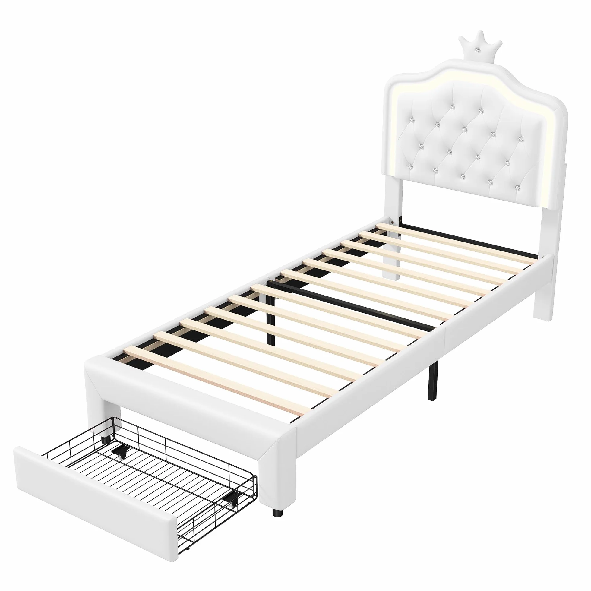 Cama Infantil 90x200 cm, Cama de Princesa con cabecero LED Corona, Camas Individuales Acolchadas con Somier de Láminas, Estructura de Cama para Niña con cajón, Camas de 1 Plaza para Niña