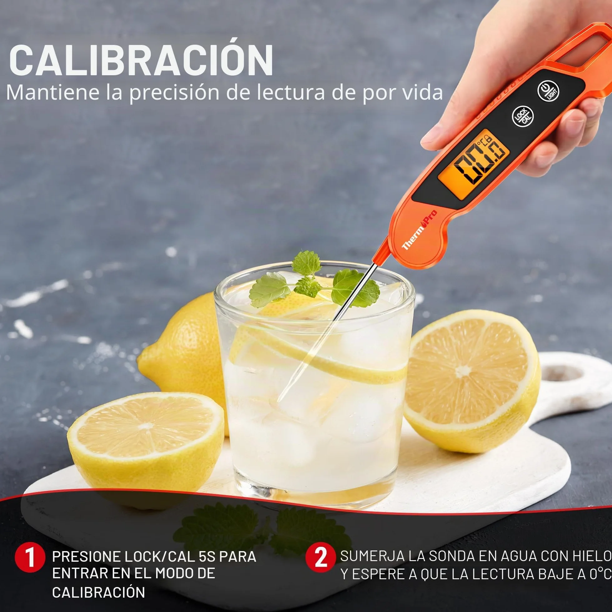ThermoPro TP603 Termómetro de Cocina Digital, Termómetro Carne Lectura Instantánea, IPX6 Impermeable, Pantalla LCD Retroiluminada, Sonda Plegable para BBQ, Parrilla, Horno, Aceite, Caramelo(Naranja) | Termómetro de cocina LCD de lectura inmediata con retr