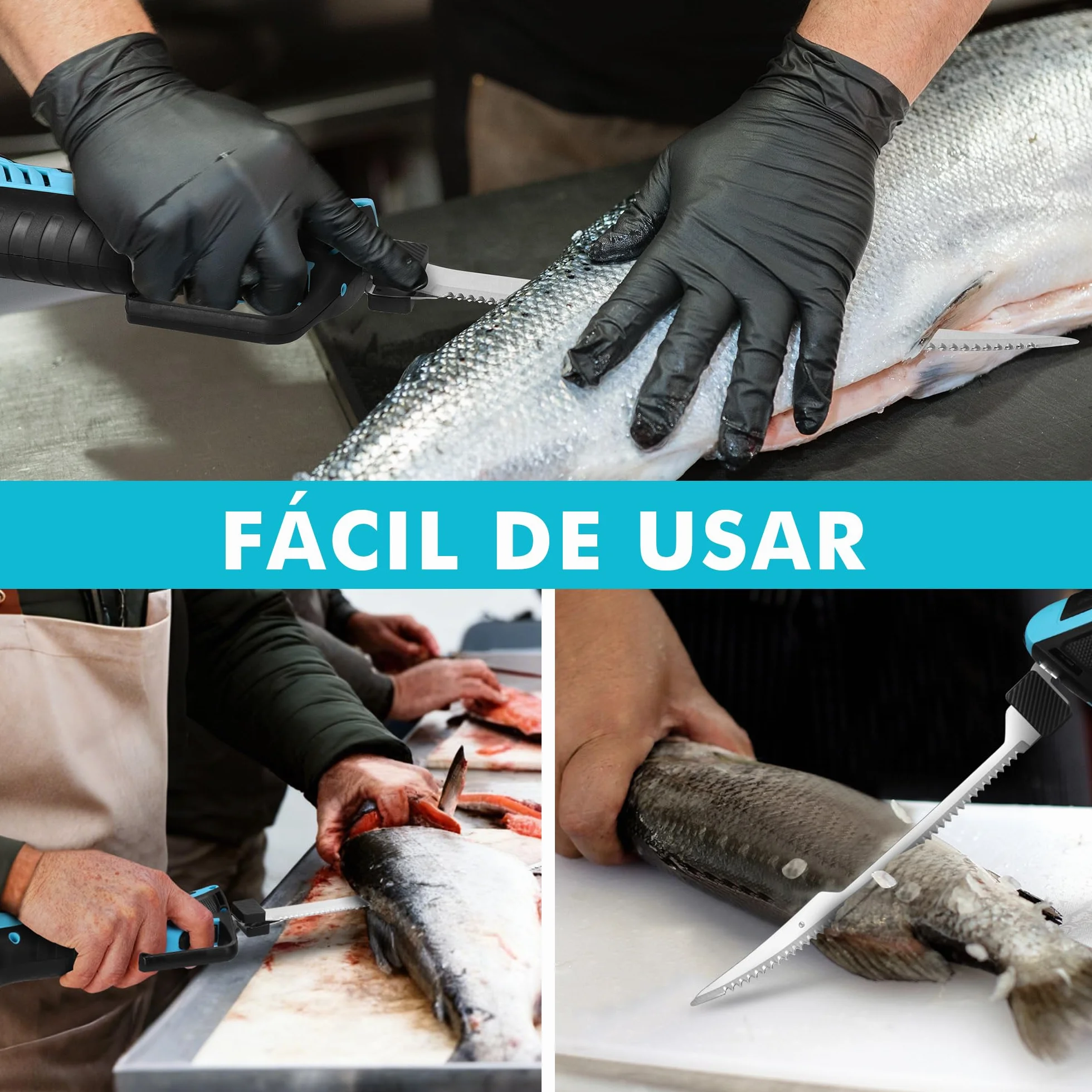 DURATECH Cuchillo Eléctrico Inalámbrico 12V para Pescado, con Cuchillas de 20 cm y 25 cm, Cuchillo Eléctrico con Batería de 2000mAh, Mango Antideslizante para Pescadores y Cocineros