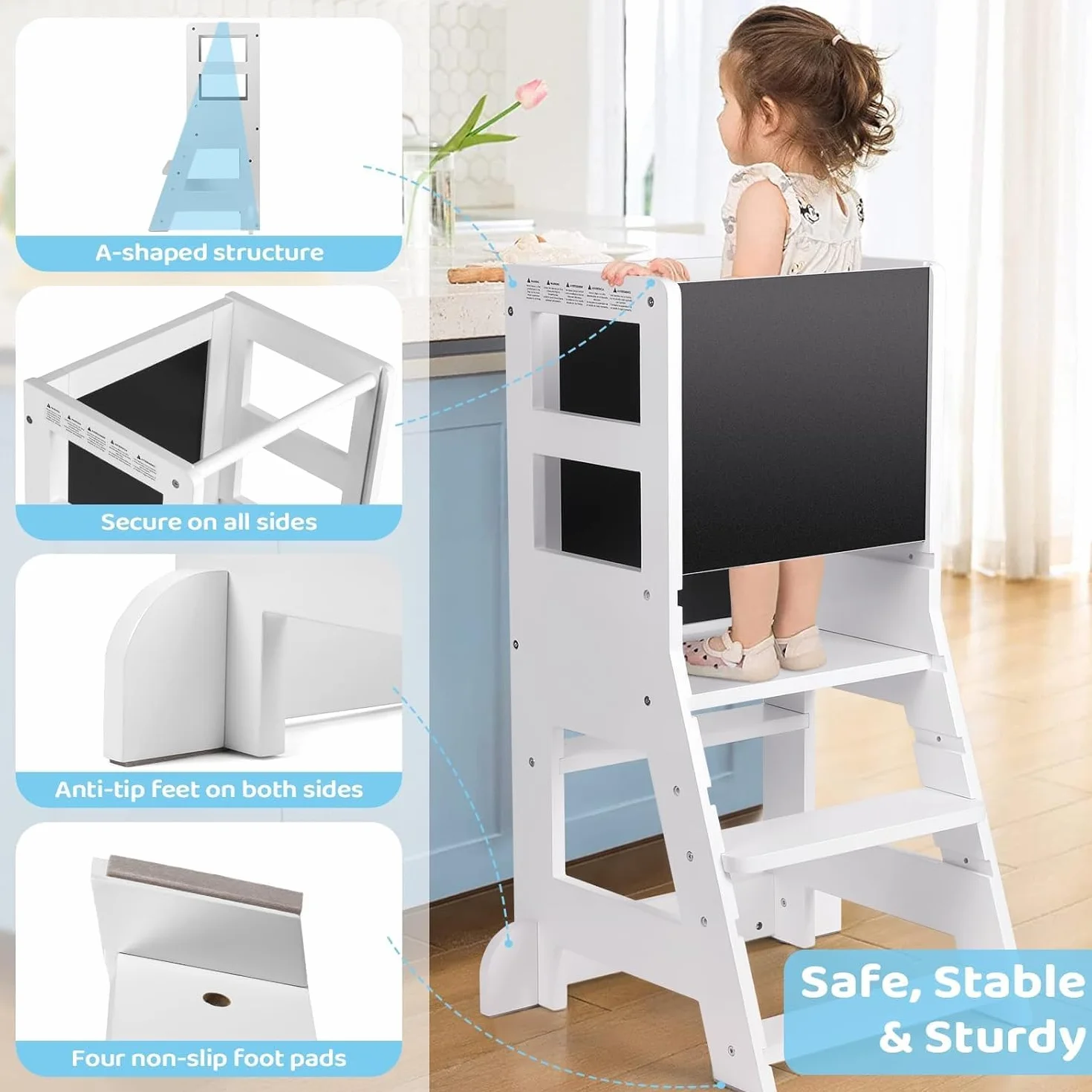 Torre para niños pequeños con planos ajustables de 3 alturas, tablero blanco magnético y negro extraíble