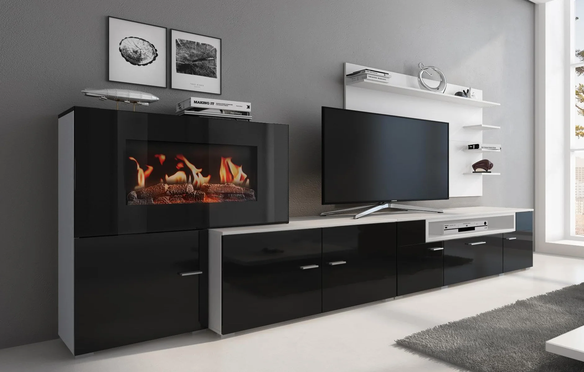Comfort Home Innovation - Mueble de salón con Chimenea eléctrica con 5 Niveles de Llama, Acabado Blanco Mate y Lacado Blanco Brillante, Medidas: 290 x 170 x 45 cm de Profundidad