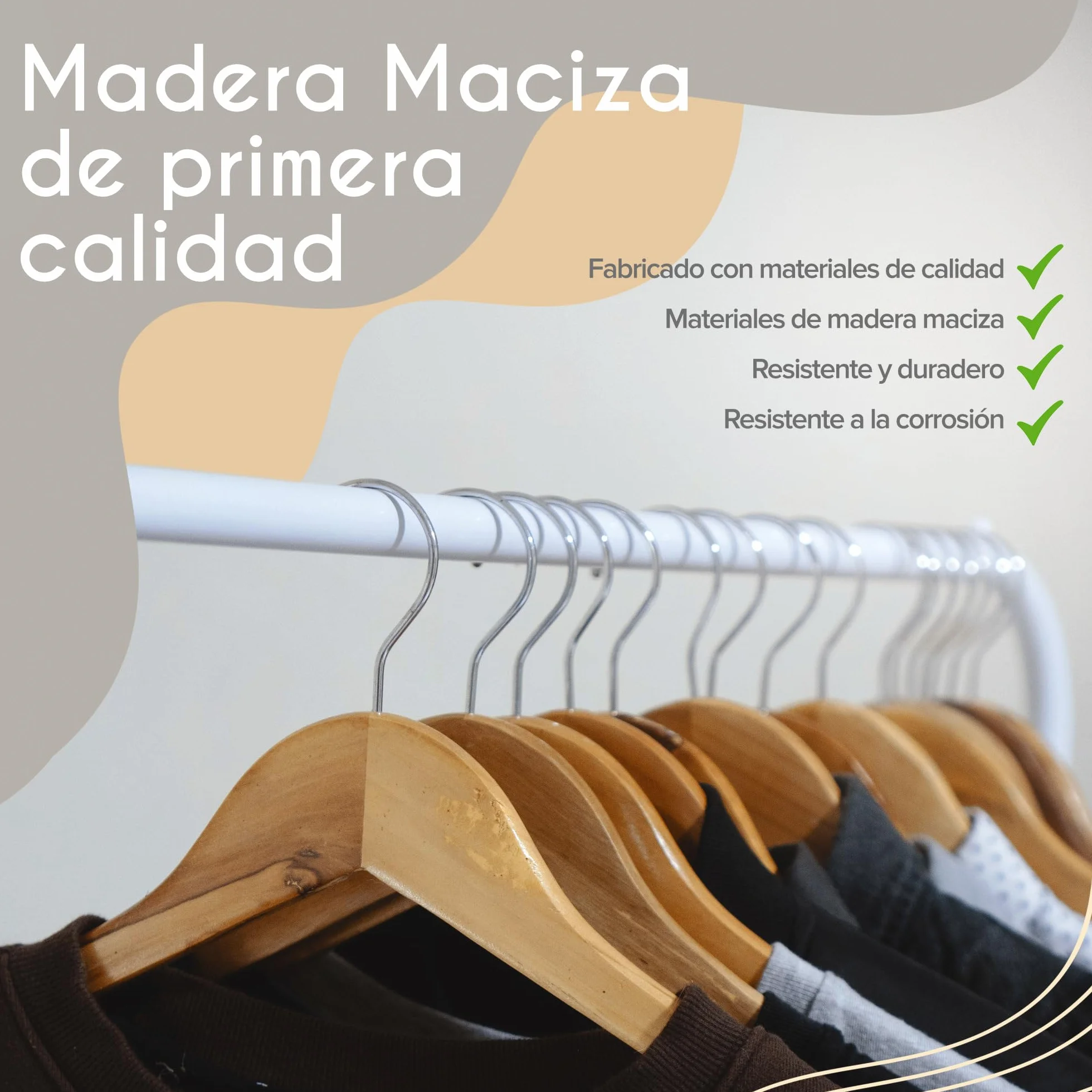 PORTENTUM Set de 20 Perchas de Madera para Ropa, Color Natural. Gancho Giratorio 360º, Perchas Pantalones, Colgador Antideslizante para Trajes, Chaquetas y Camisas, Muescas para Vestidos y Blusas