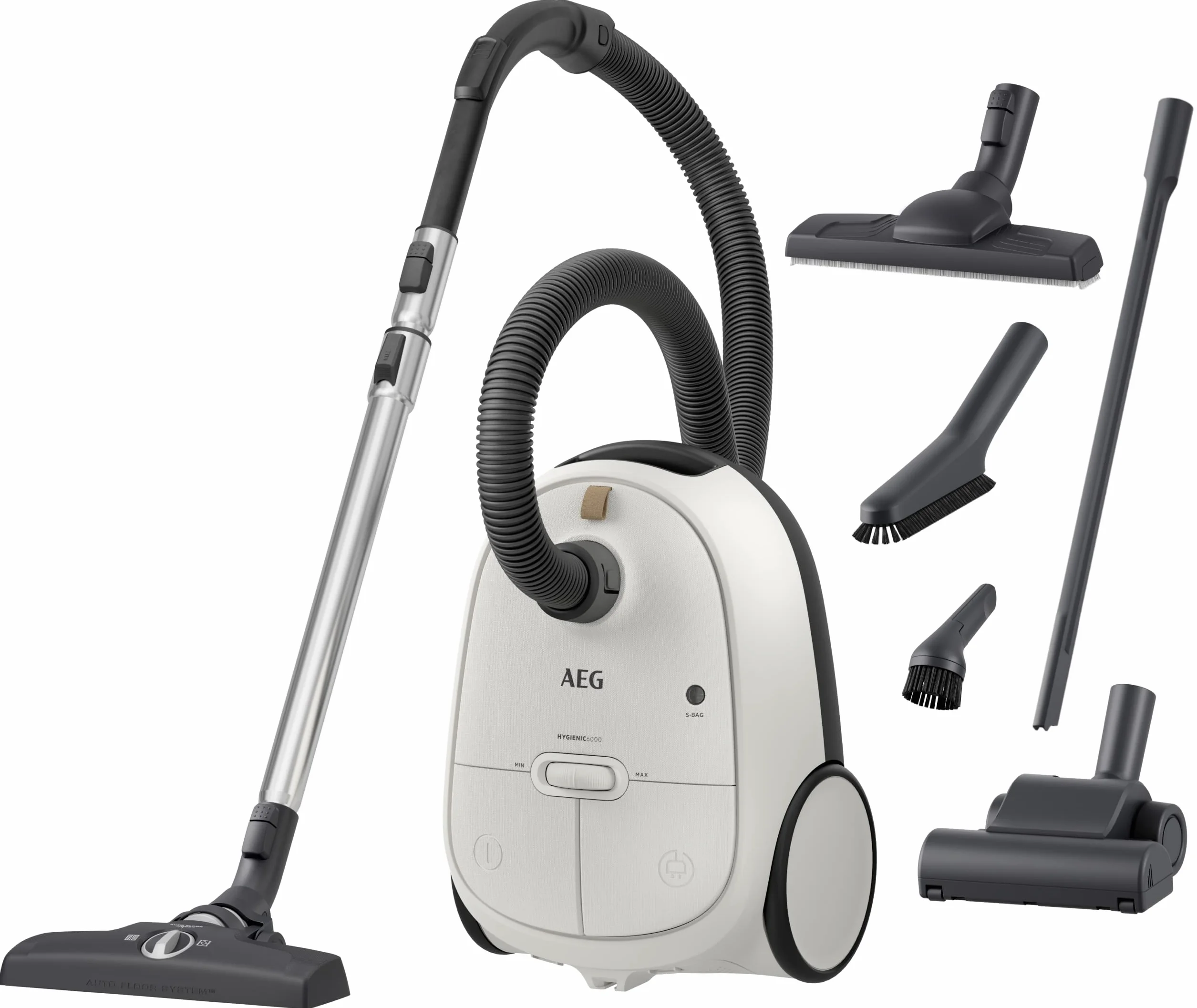 AEG AB61H6SW Aspiradora de Trineo con Bolsa, 850W de Potencia, 3,5L de Capacidad, Radio de acción 12m, Ruedas XL, Filtro Lavable, 3 cepillos + 3 Accesorios, 10 años garantía, Blanco