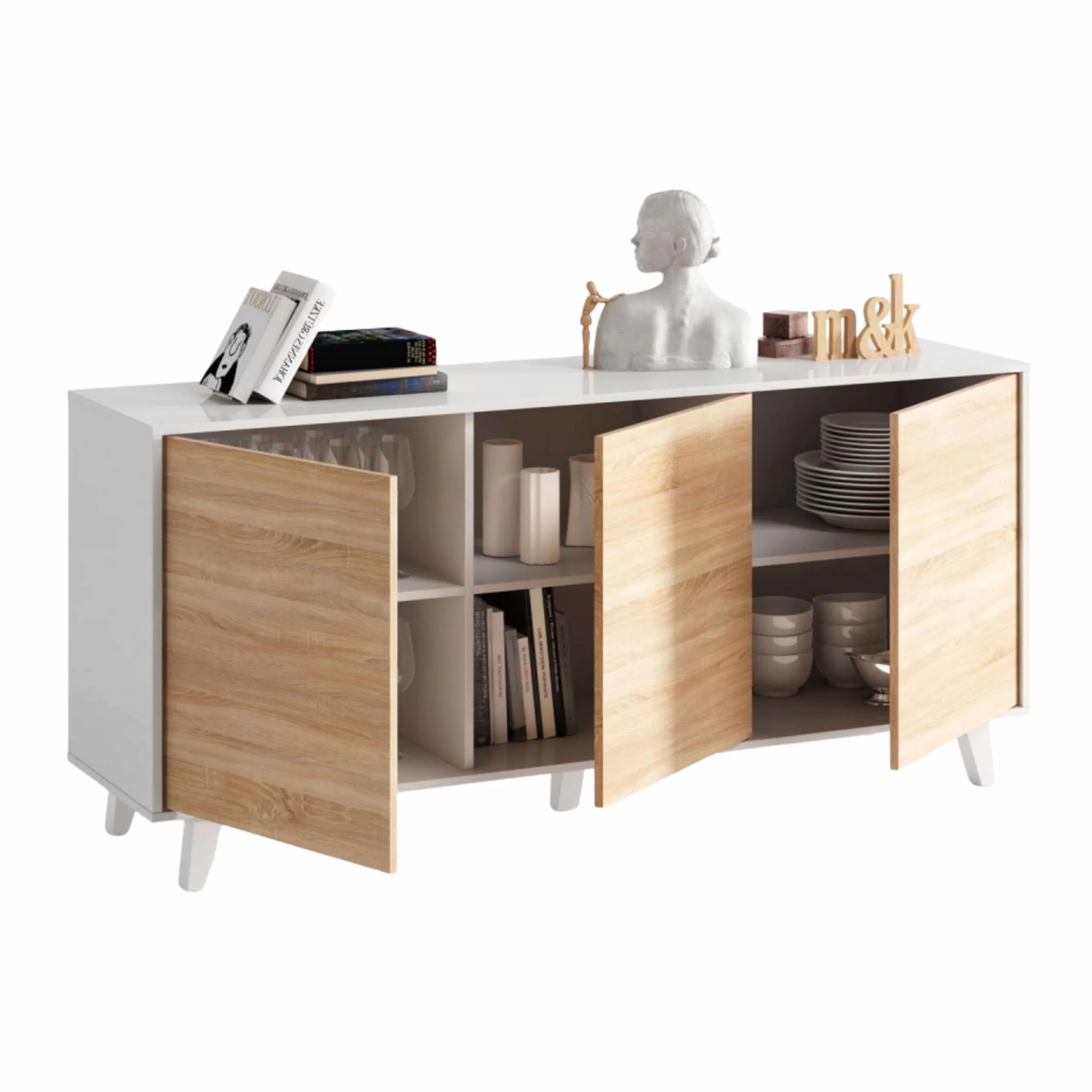 Habitdesign – Aparador Buffet 3 Puertas para Salón o Comedor, Aparador con Patas, Color Blanco Brillo y Roble Canadian, 154x41x75 cm - Zaiken Plus