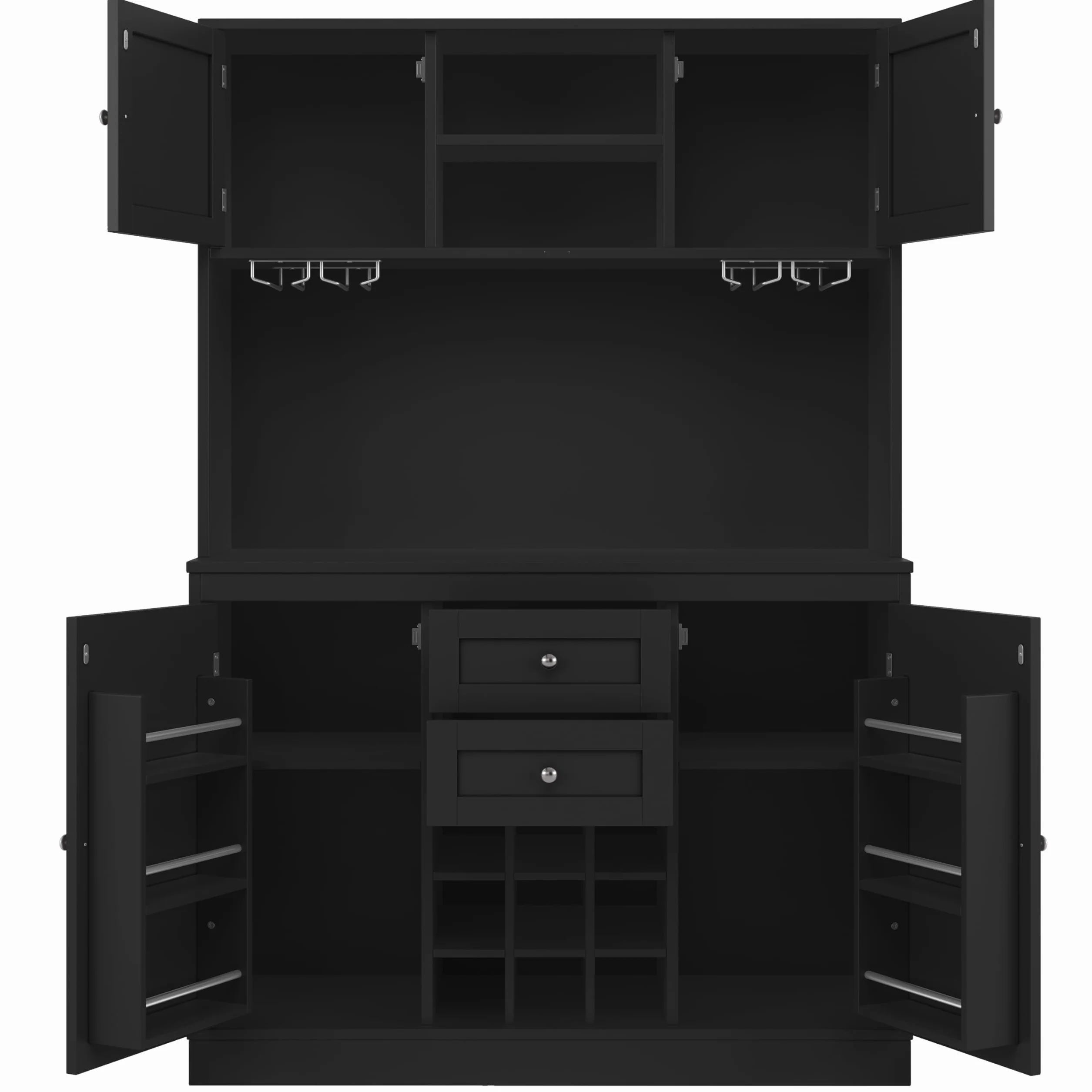 Armario alto de cocina de 188 cm con estantes ajustables, estantería para vino, armario alto de cocina buffet con 4 puertas, 2 cajones, aparador para cocina y salón, armario buffet (negro)