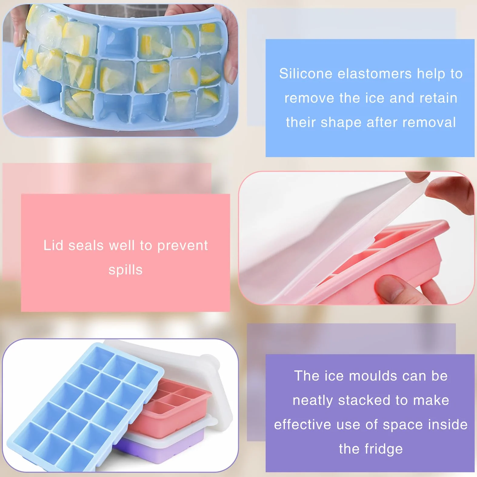 Cubitera de Silicona 45 Compartimentos 3.5 cm sin BPA Rosa Azul Morado