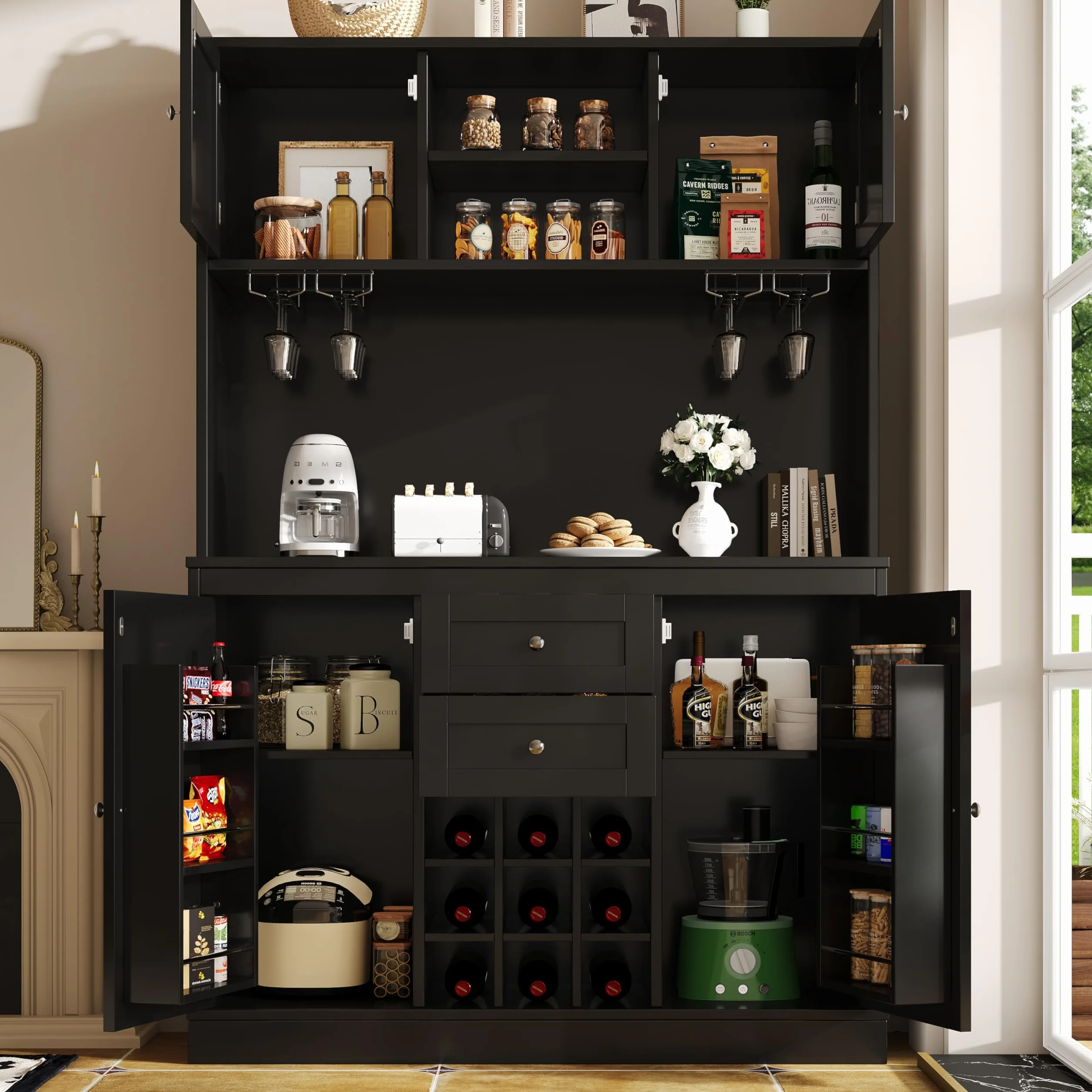 Armario alto de cocina de 188 cm con estantes ajustables, estantería para vino, armario alto de cocina buffet con 4 puertas, 2 cajones, aparador para cocina y salón, armario buffet (negro)