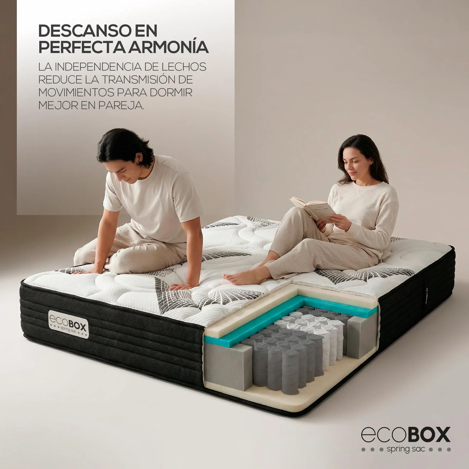 DUÉRMETE ONLINE - Colchón Viscoelástico Híbrido Eco Box con Núcleo de Muelles Ensacados, Confort Óptimo, Firmeza Intermedia, Antiácaros Antibacteriano e Hipoalergénico 90 x 190
