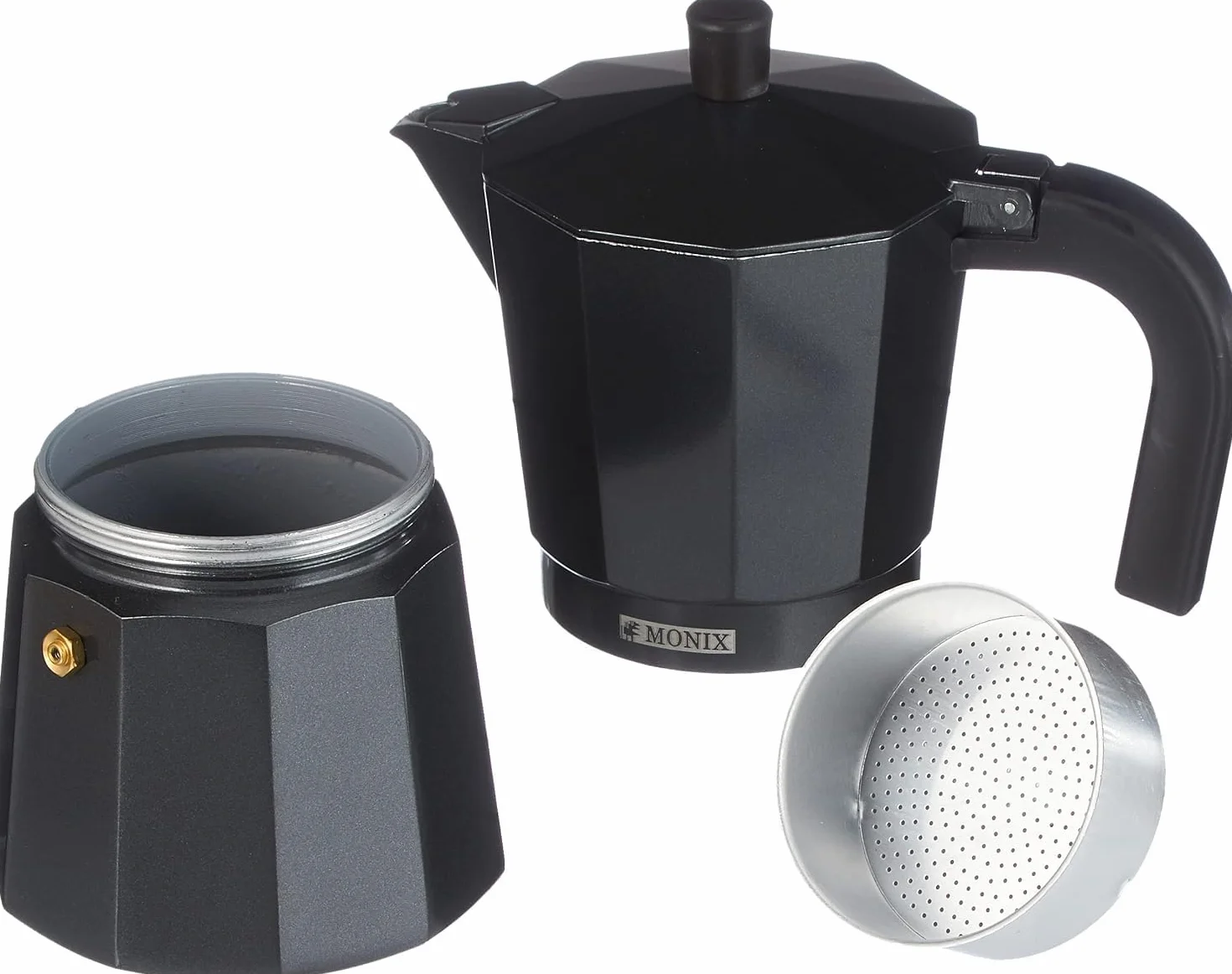 Monix Vitro Noir Cafetera Italiana de Aluminio 3 Tazas Apta Vitrocerámica Gas Eléctrica Mango Termoresistente