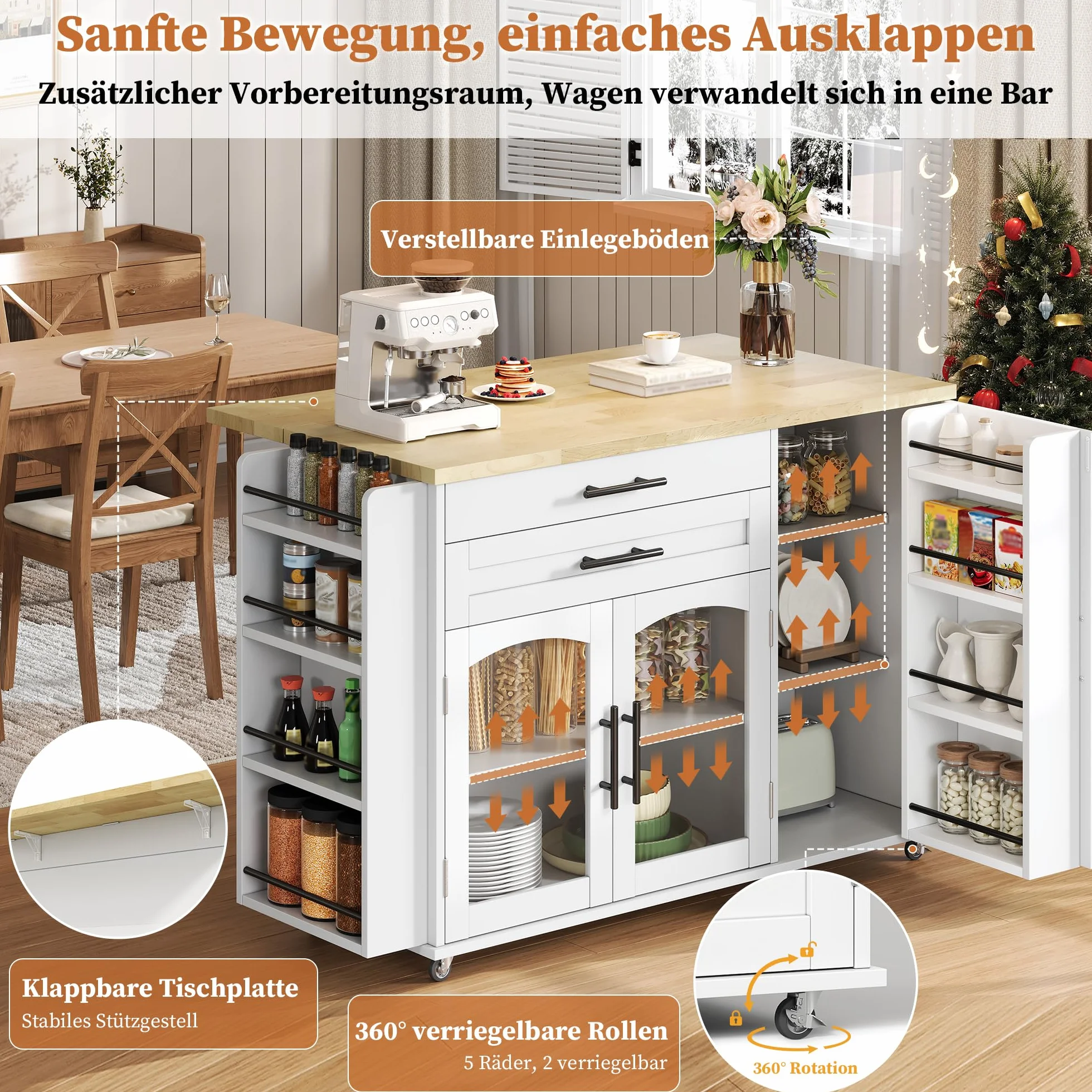 Isla de cocina con encimera, carrito de cocina independiente con 5 ruedas, armario de cocina con estante para especias y cajón, para cocina y comedor 120 x 45 x 90 cm (blanco)