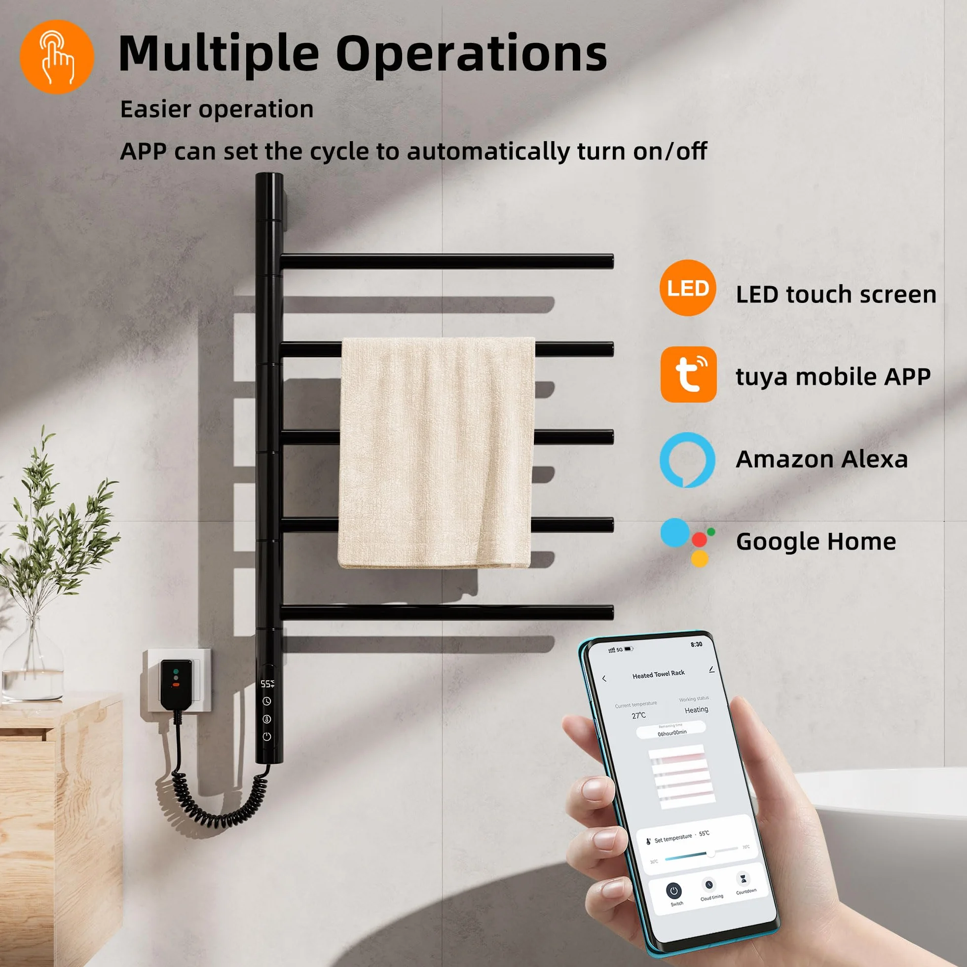Radiador Toallero Eléctrico para Baño, Rotación de 180° Secatoallas eléctrico, 415 x 680mm, 85W, WiFi Negro Toallero Electrico Baño, Calentador Toallas, Secatoallas, Ahorro de energía-G63 WiFi Black