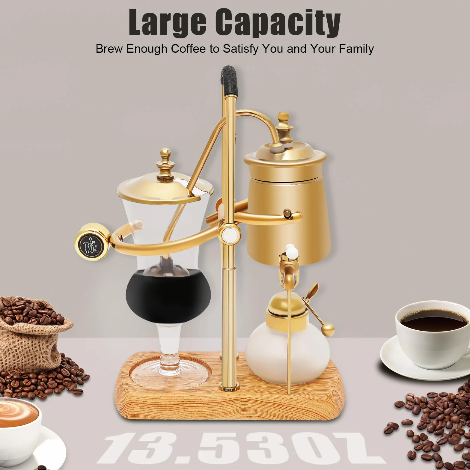 Sifón cafetera al vacío Sifón Belga Cafetera Set elegante doble acanalado Fulcrum con mango en T, negro egipcio y oro