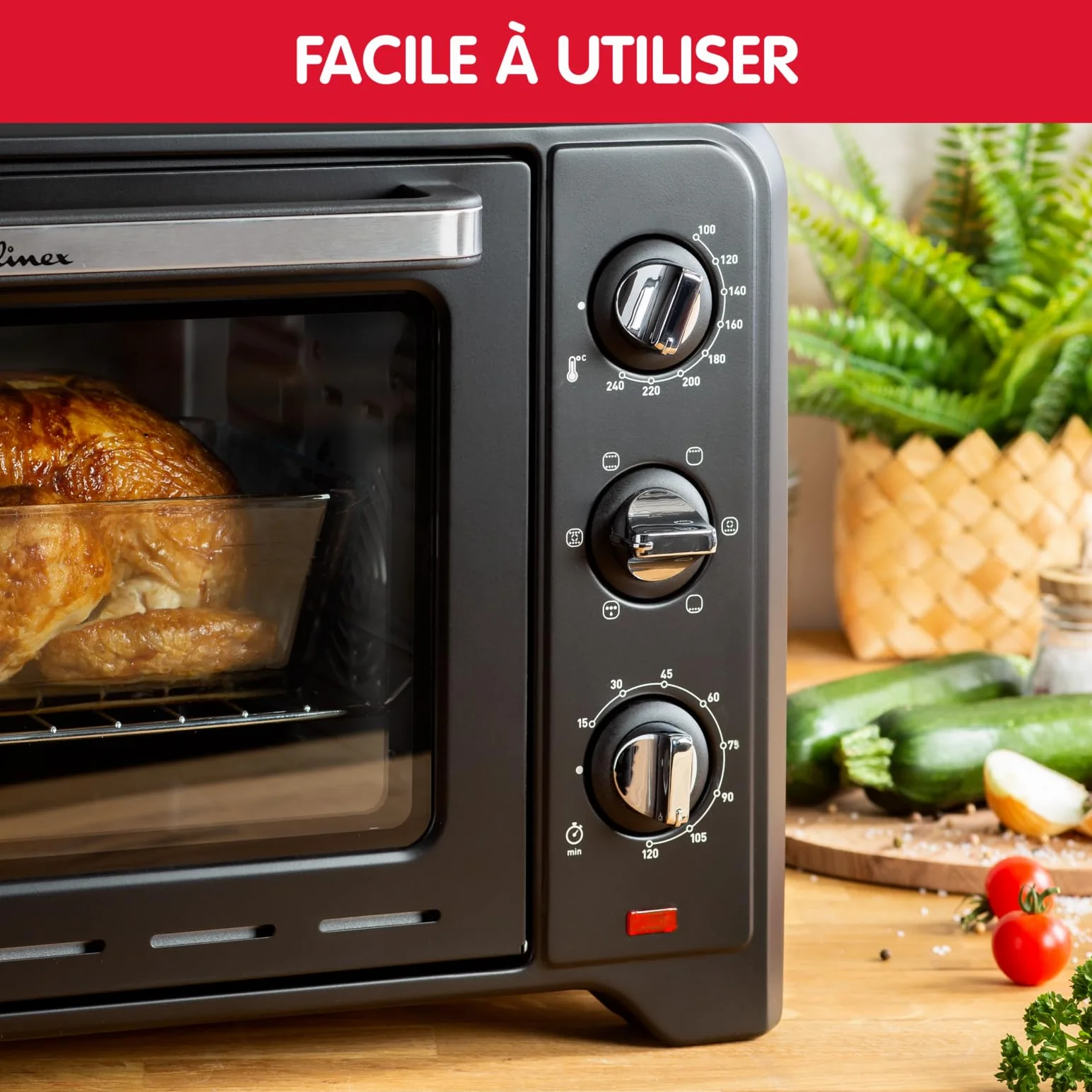 Moulinex - Horno posable 33 L, calor giratorio, convección de punta, 6 modos de cocción, termostato ajustable hasta 240 °C, temporizador 120 min, rejilla reversible, manoplas de silicona, Optimo Negro