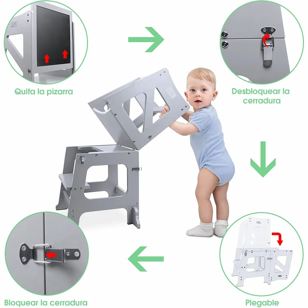 YOLEO Torre Aprendizaje Transformer Montessori Plegable con Pizarra Magnética Gris Madera
