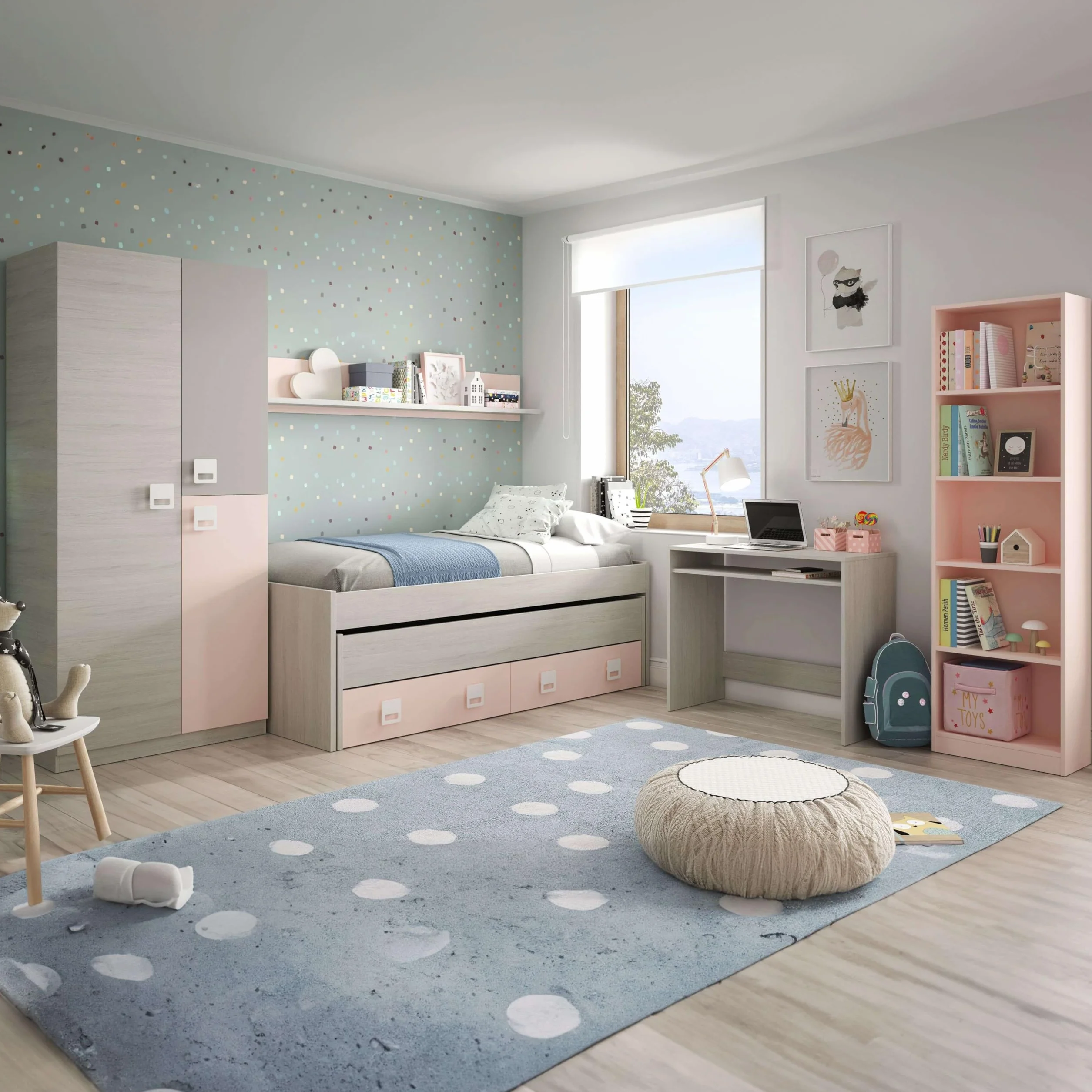Miroytengo Pack Habitación Juvenil Infantil Rosa Gris Blanco Alpes (Cama Nido + Estante + Armario + Escritorio + estantería) con Somieres