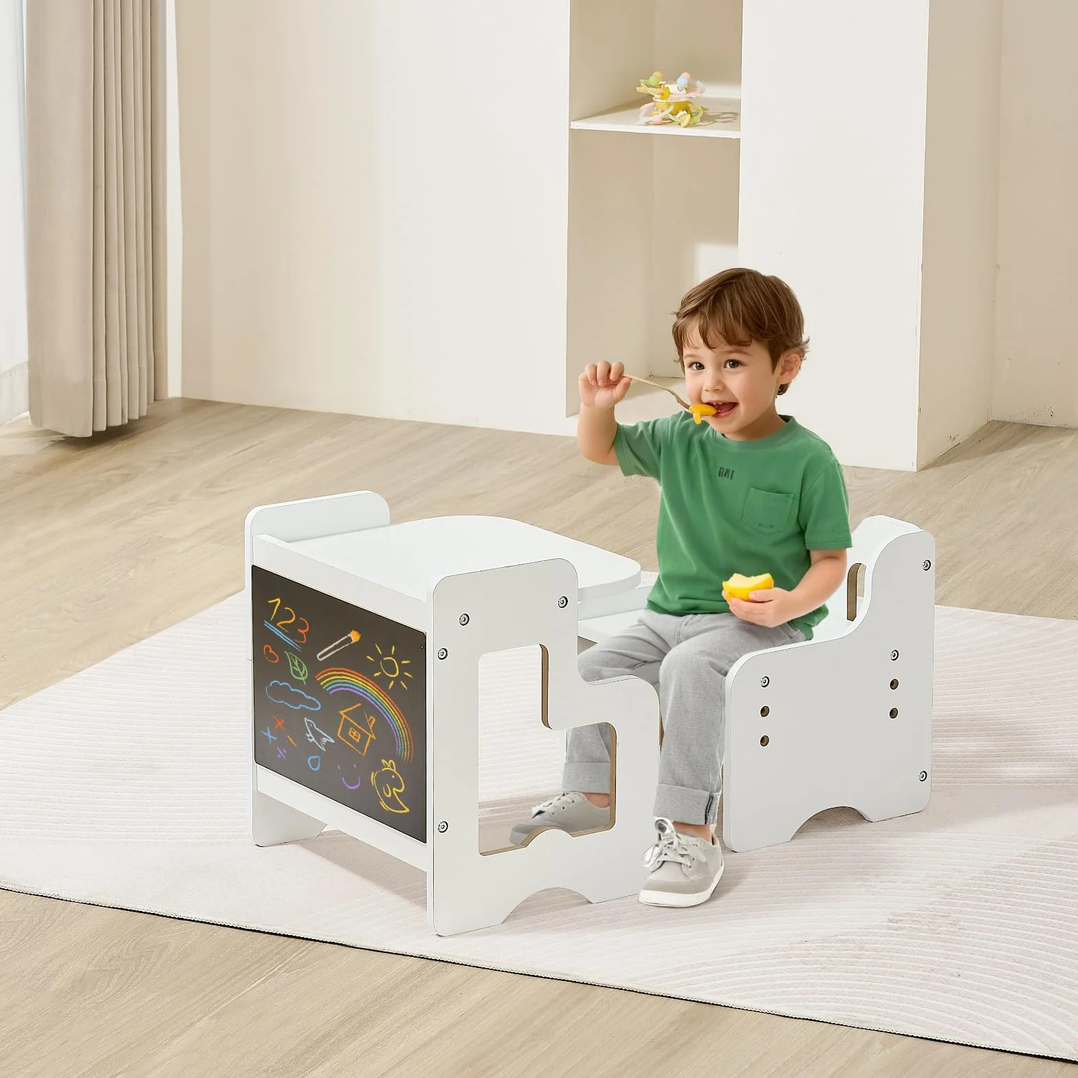 VEVOR 3 en 1 Juego de Mesa y Silla Montessori para Destete con Pizarra, Mesa Montessori de Altura Ajustable 380 x 316 x 400 mm para Leer, Dibujar, Comer y Jugar para Niños de 1 a 5 Años, Blanco