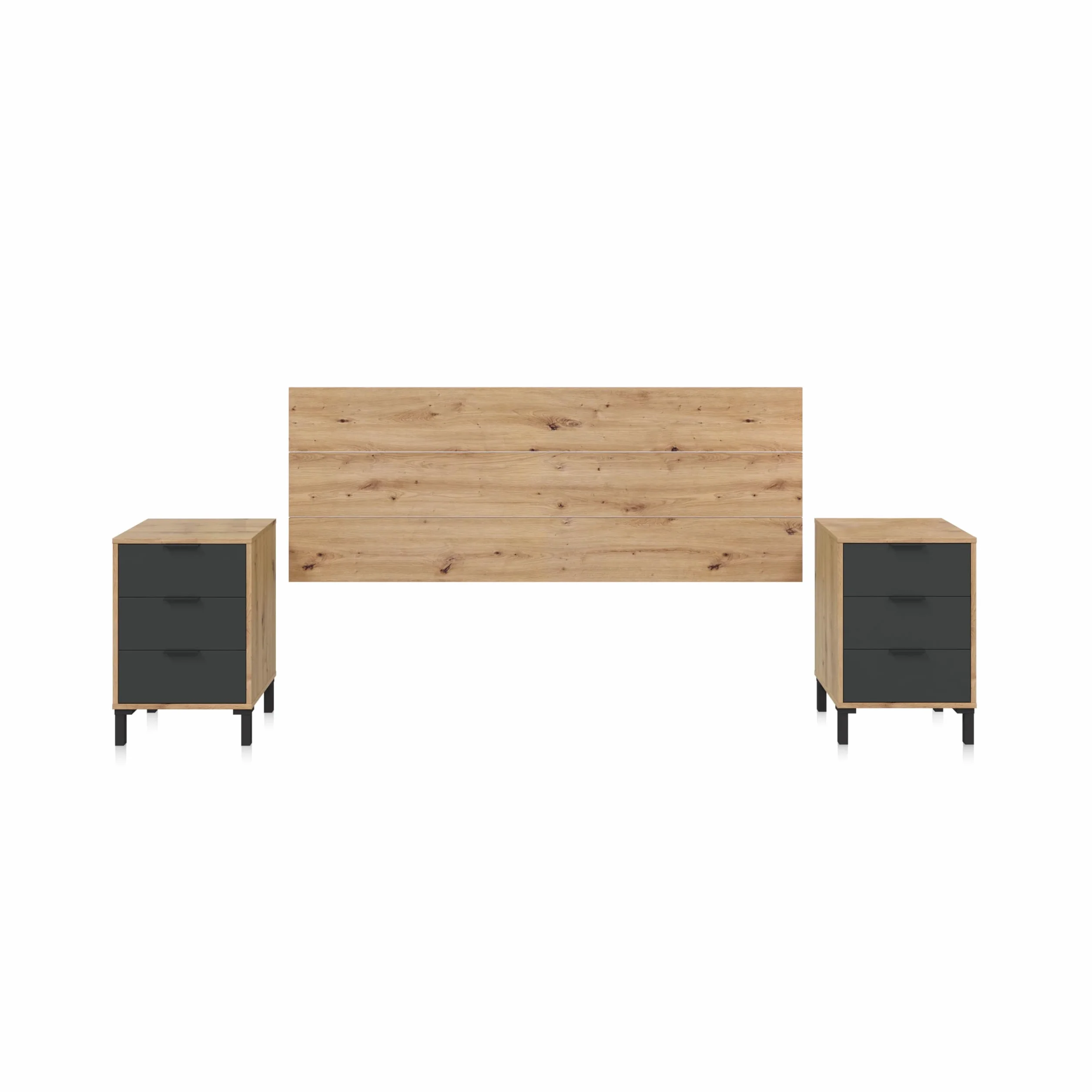duehome | Cabecero y 2 mesitas de Noche, Cabecero Cama de Matrimonio, Modelo Luke, Acabado en Roble Nodi y Gris Antracita, Medidas: 160cm (Ancho) x 60 cm (Alto) x 2,5 cm (Fondo)