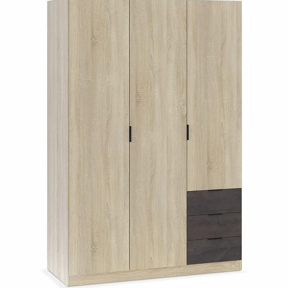 Mobelcenter, Conjunto Dormitorio Matrimonio Oxido, Color Roble Canadian y Oxido, Cabezal para Camas de 135 y 150 cm, 2 Mesitas de 3 cajones, Armario 3 Puertas 3 Cajones y Cama con 4 cajones (P0021)