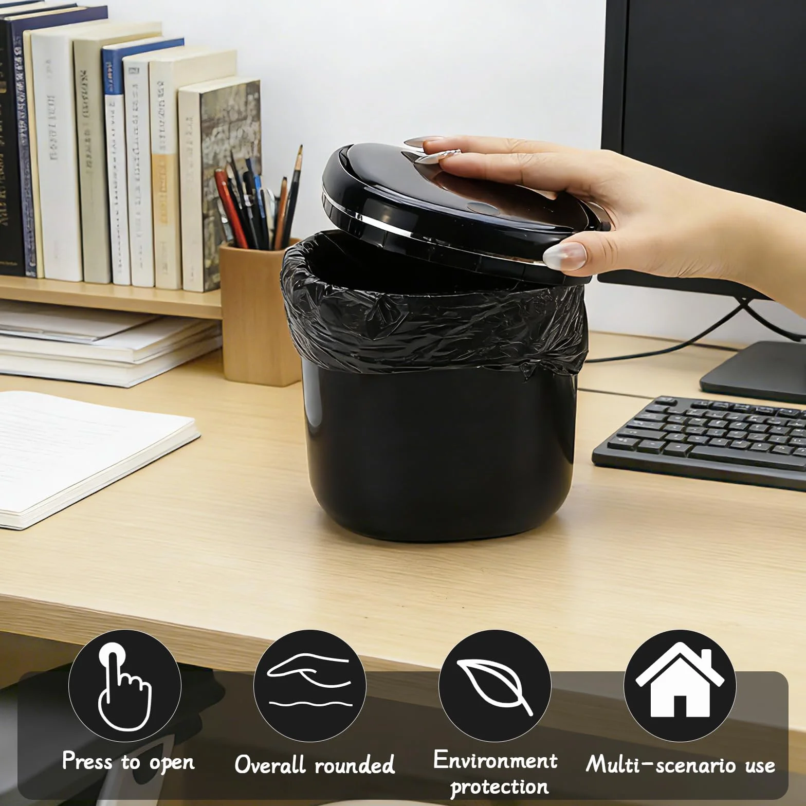 FAELNK Cubo Basura Pequeño Mini Papelera Escritorio con Tapa Negro 2,5 L para Dormitorio Baño Oficina Contenedor de Cosméticos Cenicero con 2 Rollos de Bolsas de Basura