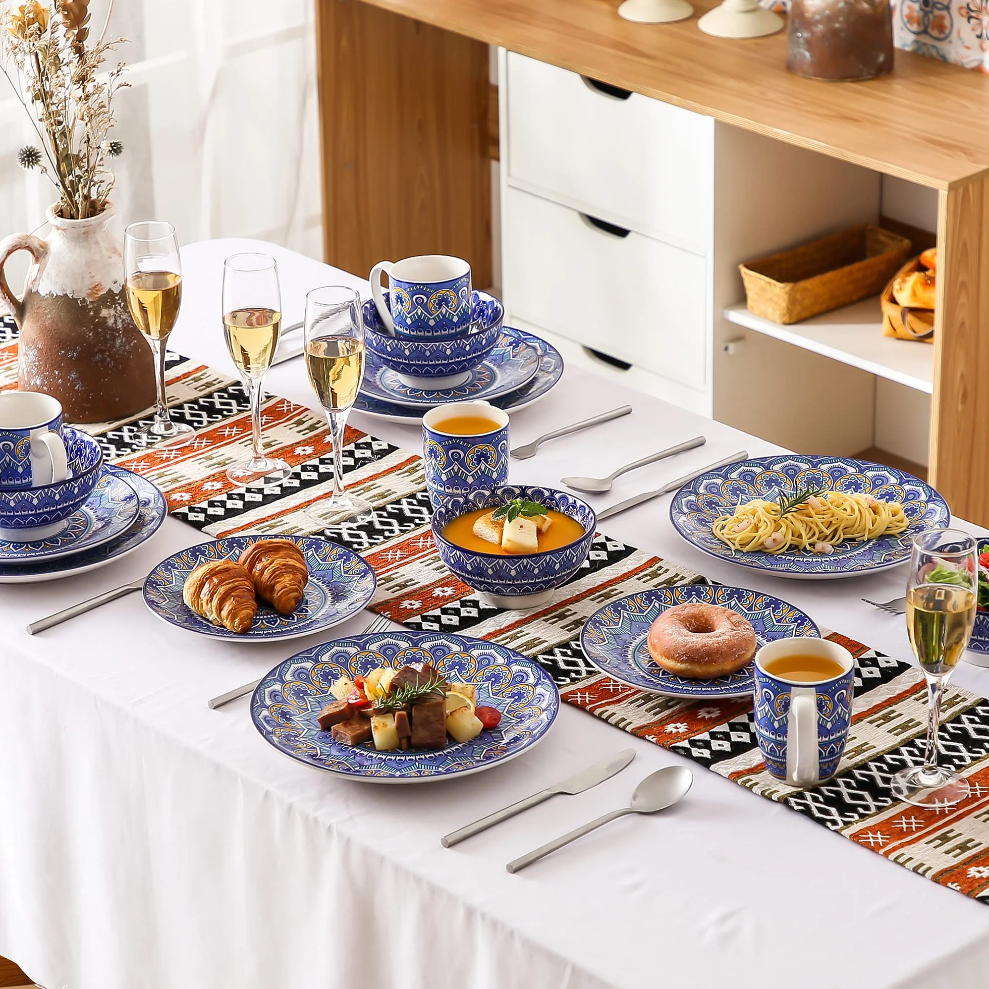 vancasso serie Mandala Vajillas de 48 piezas de Porcelana Multicolor Vajillas Completas Diseño Floral Mandala para 12 Personas (Azul)